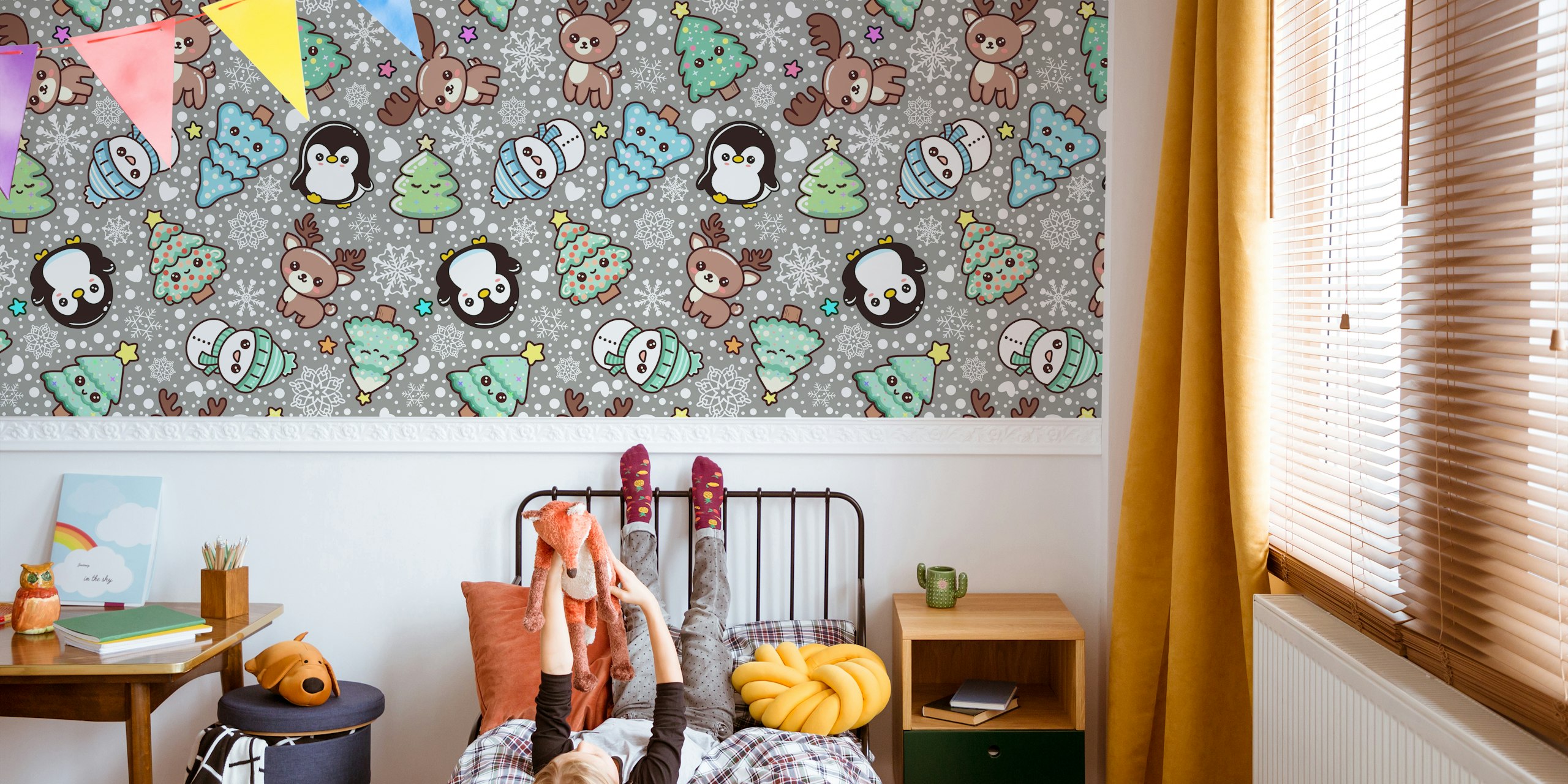 Cute kawaii Christmas designs featuring reindeer, trees, and penguins on gray wallpaper