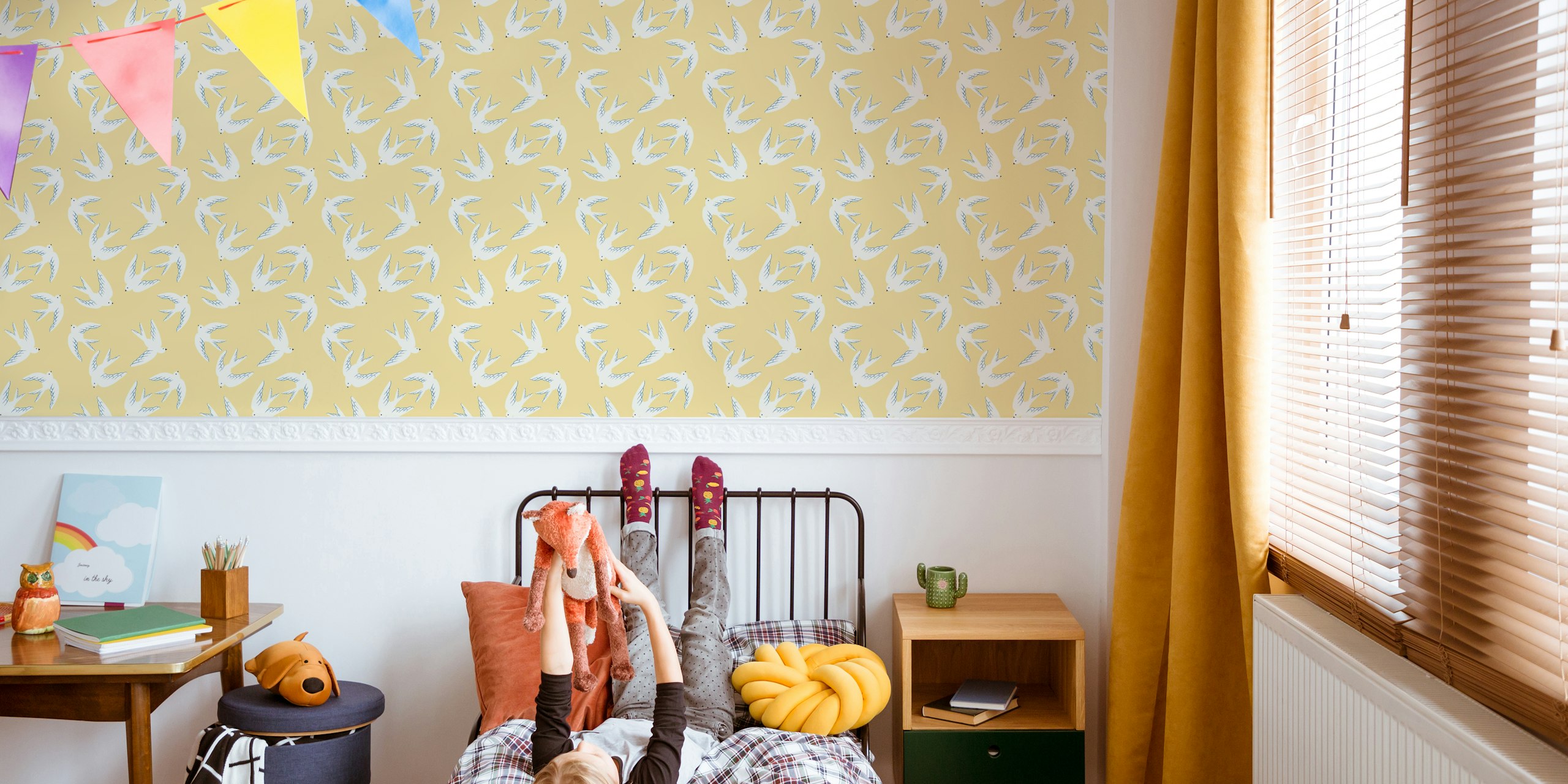 Flying birds and white doves on yellow wallpaper
