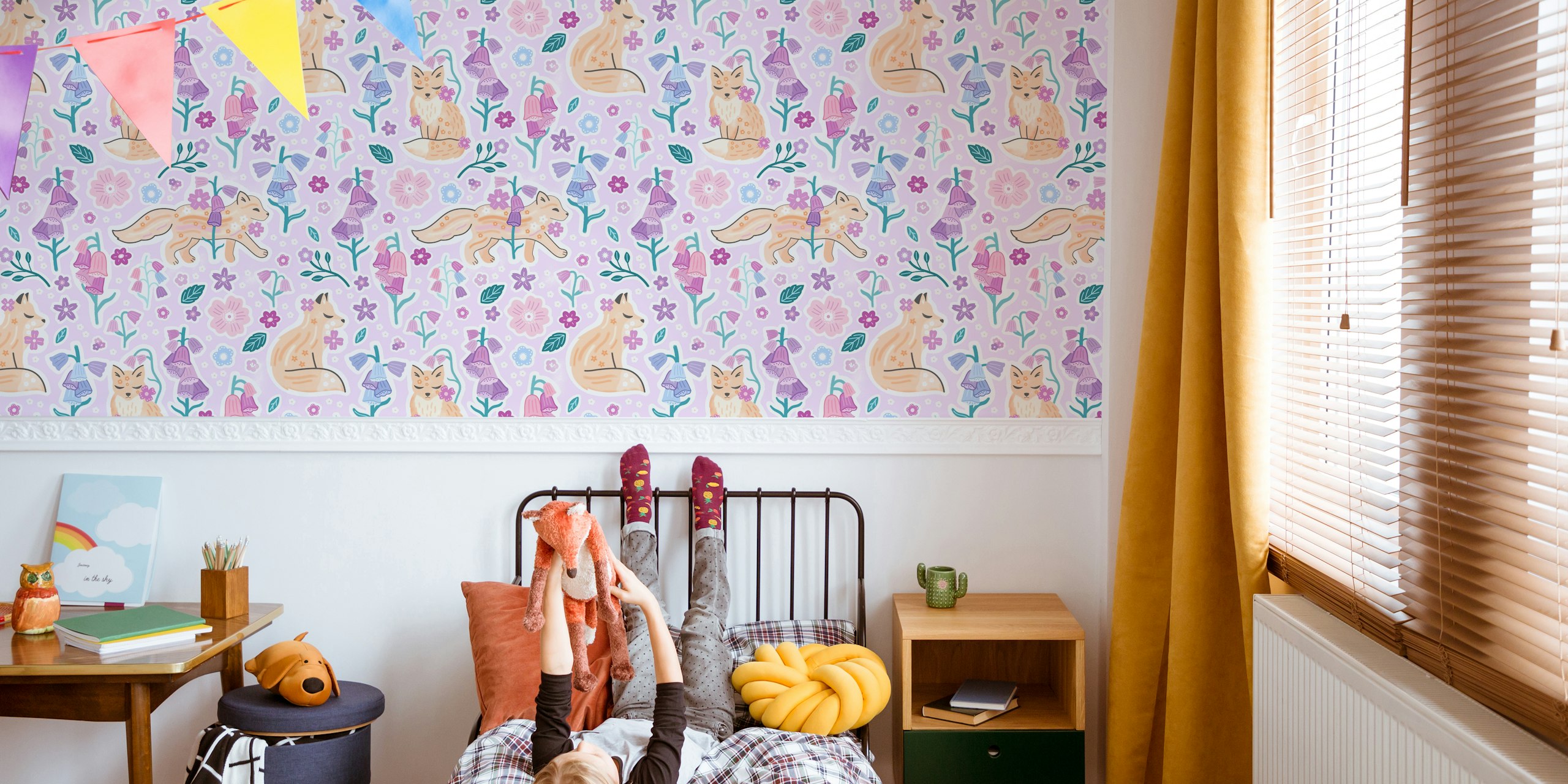 Floral foxes and bellflowers in pastel colors wallpaper
