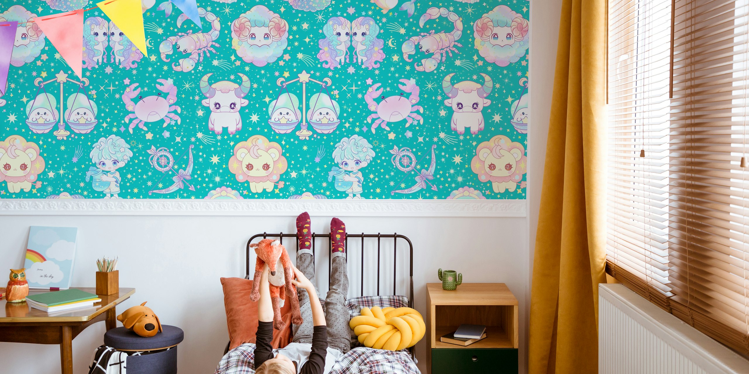 Cute Kawaii Zodiac 7 turquoise design de papel de parede