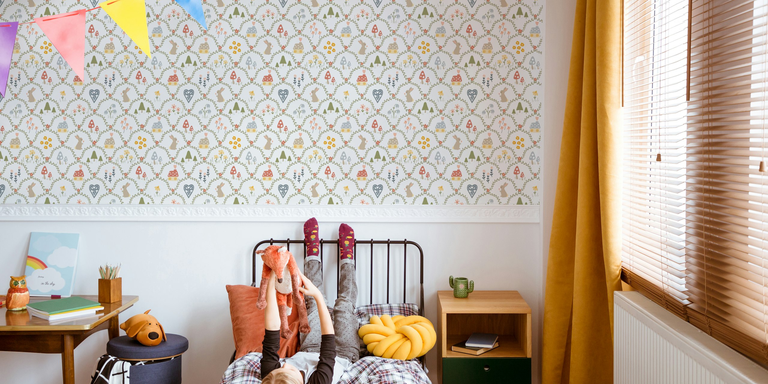 Whimsical floral pattern with rabbits, flowers, and houses wallpaper