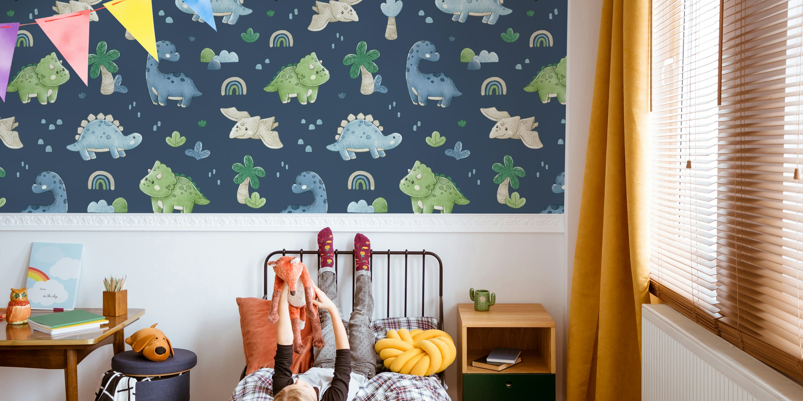 Dinosaurs and rainbows on navy background wallpaper