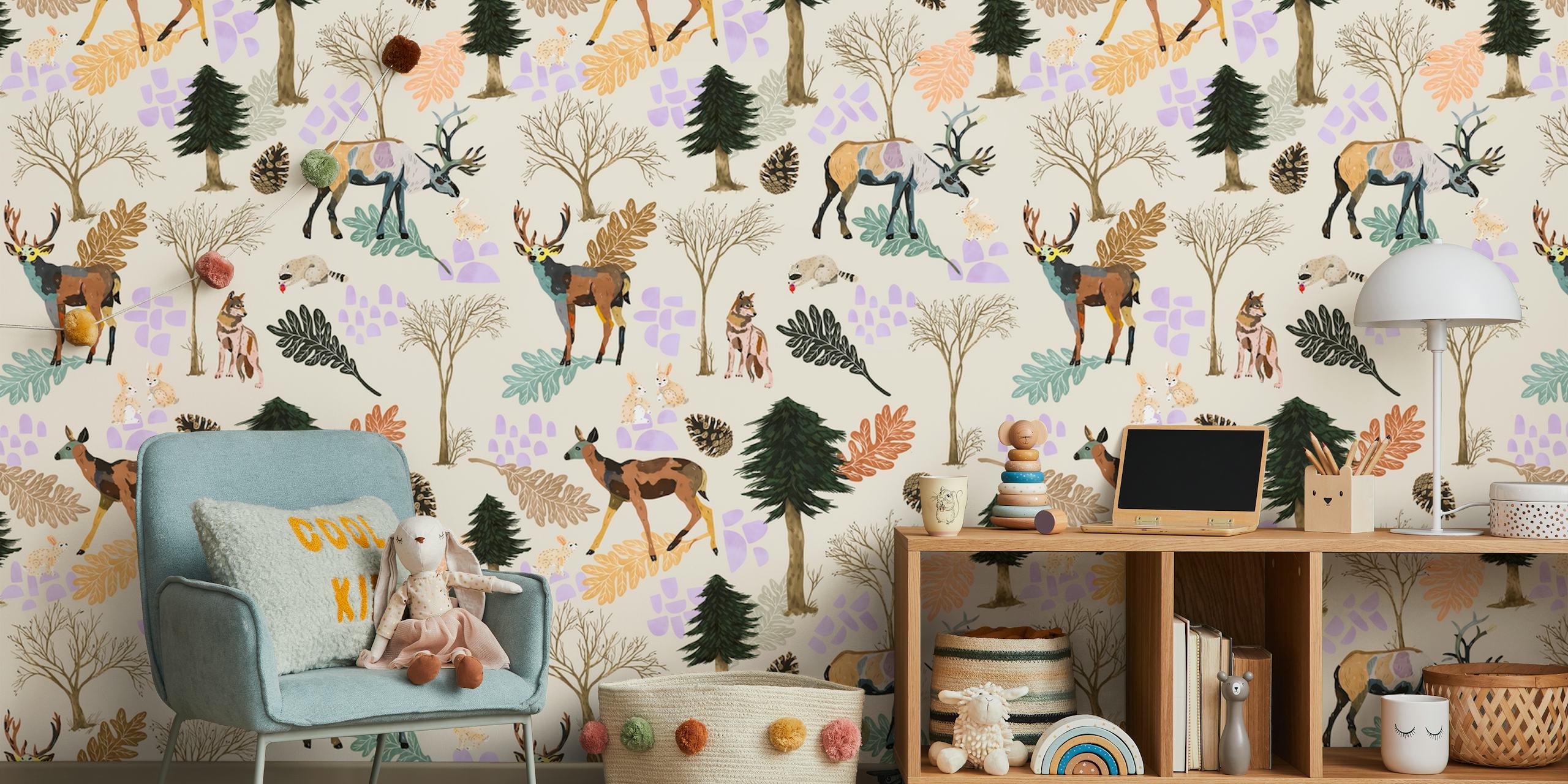 Deer and animal patterns on a soft pastel backdrop wallpaper