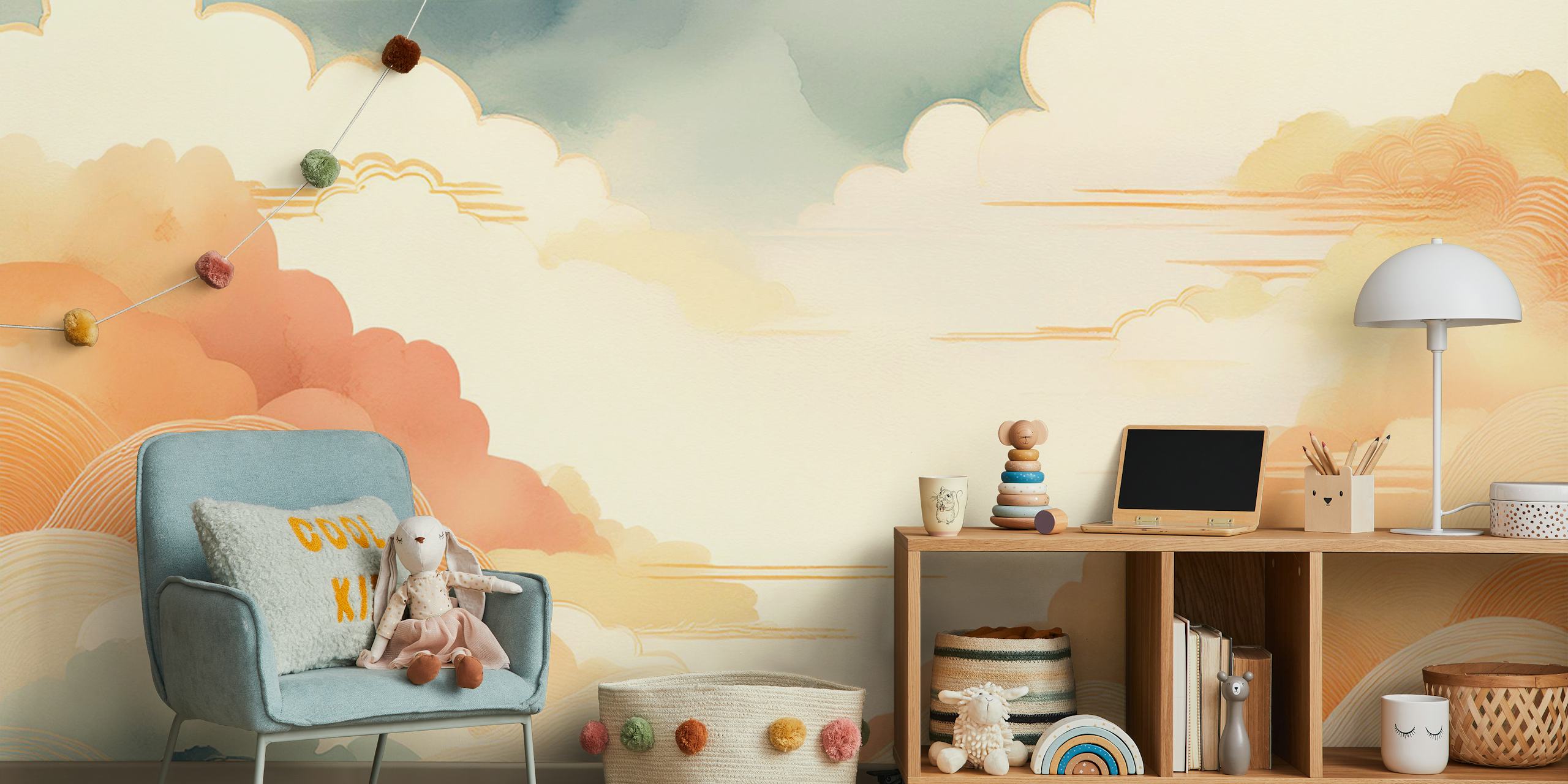 Soft pastel clouds with light blue, peach and cream shades wallpaper