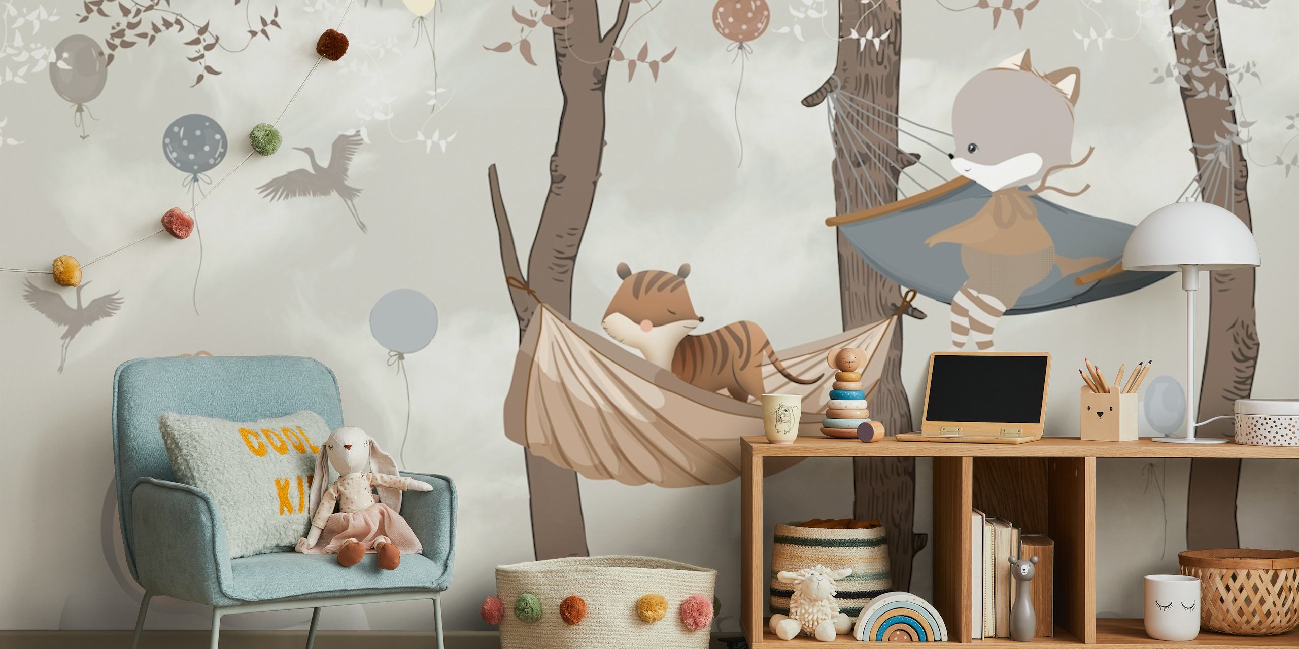 Cute animal forest featuring elephants, raccoons, and balloons in soft colors wallpaper