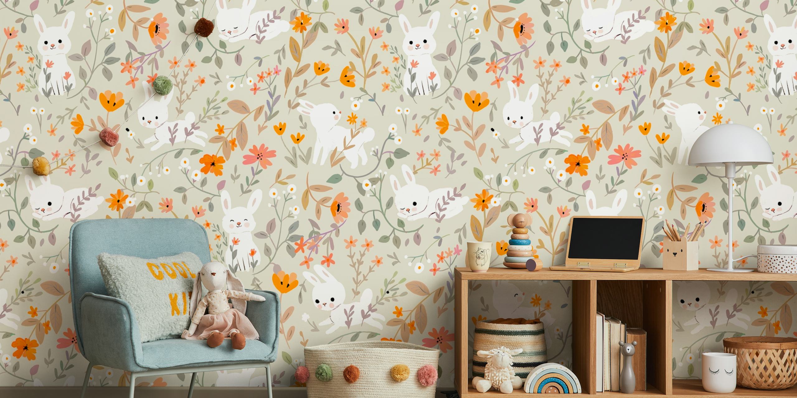 playful bunnies and colorful flowers on soft background wallpaper