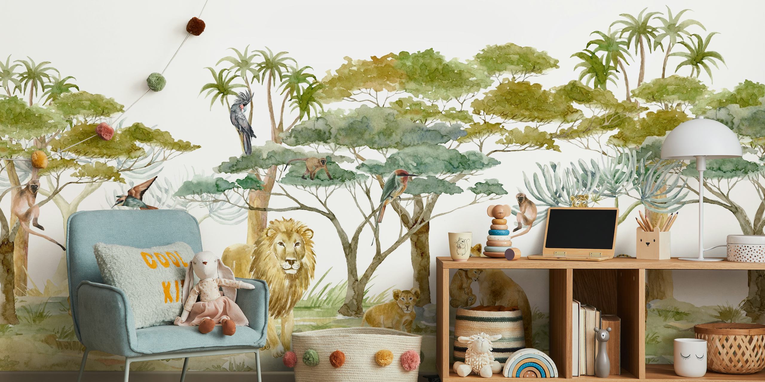 Safari animals including lions and cubs among trees and birds wallpaper