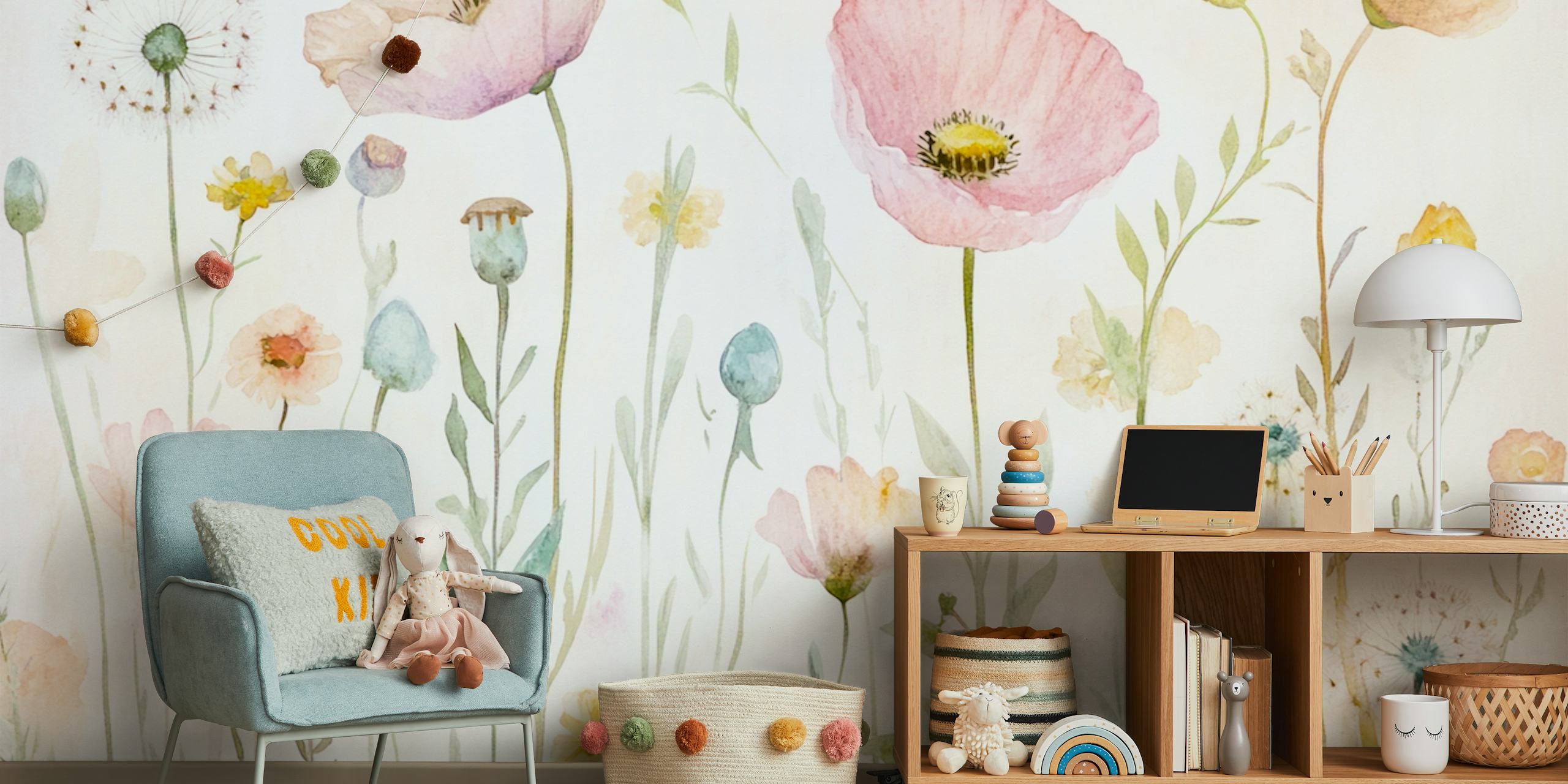 Soft pastel flowers in a watercolor style on a light background wallpaper
