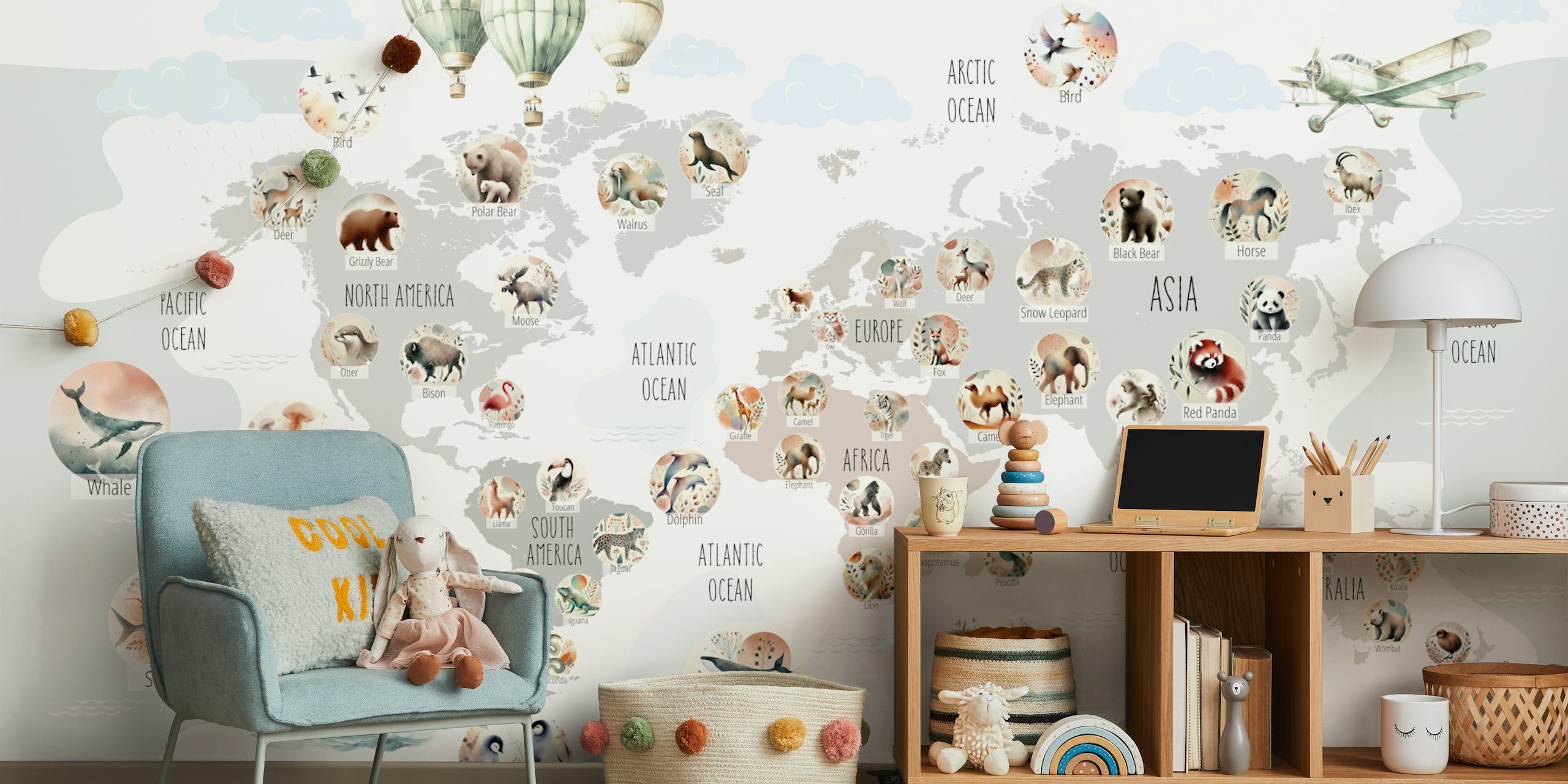 World map with various animal illustrations in pastel colors; wall mural.