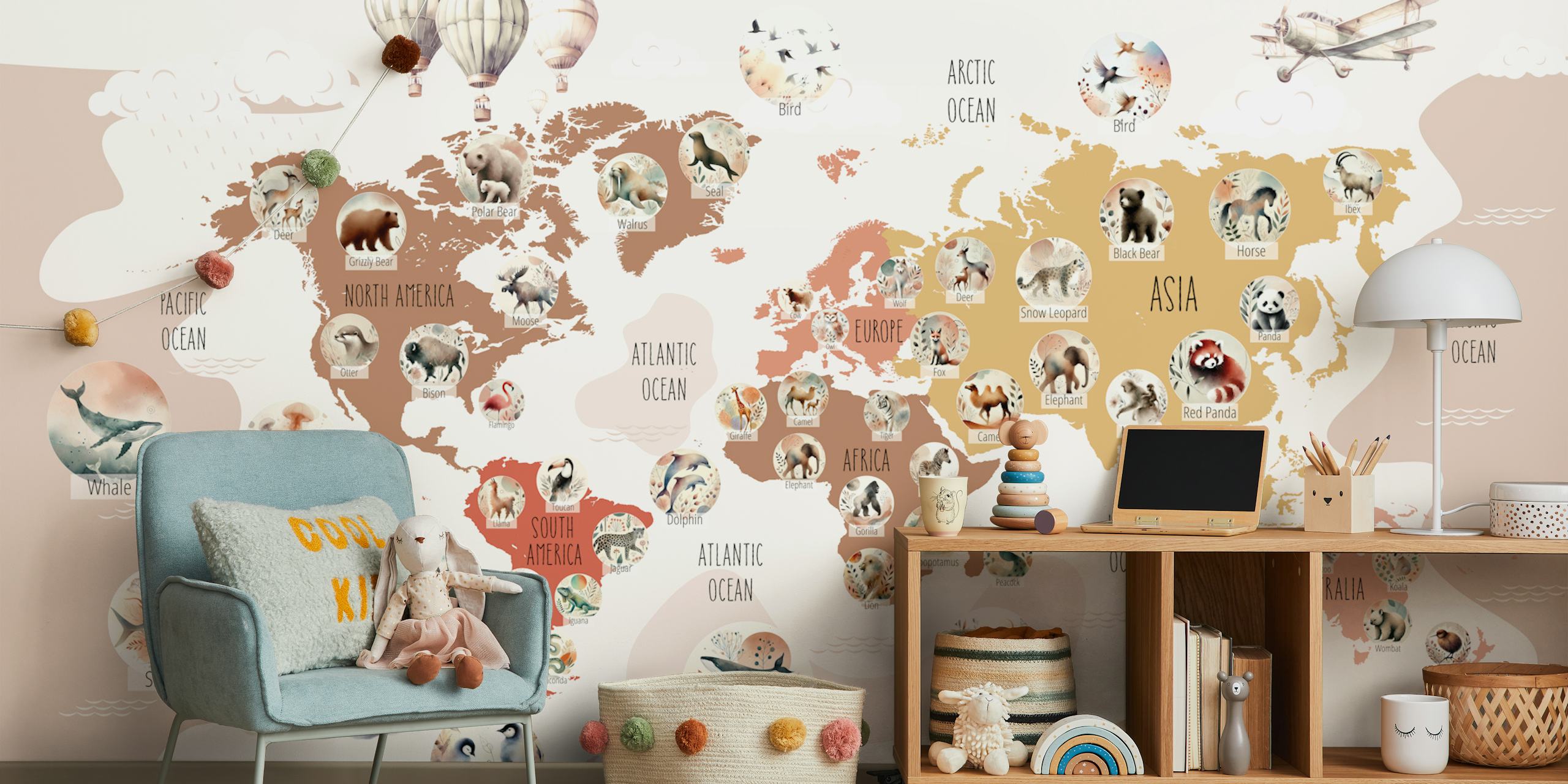 Boho Wildlife World Map wallpaper in a room
