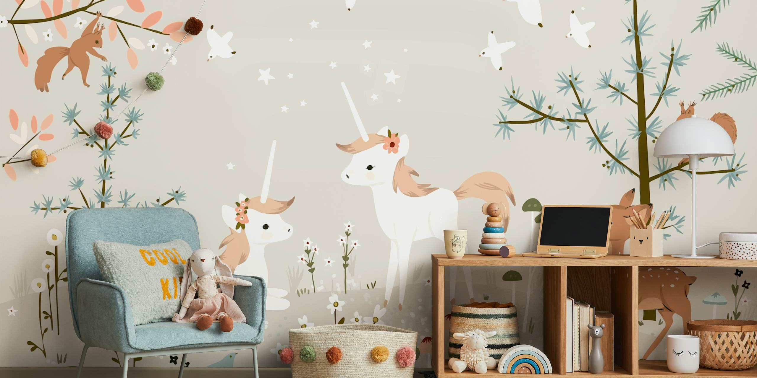 Diseño de papel tapiz Unicorn Field en una habitación