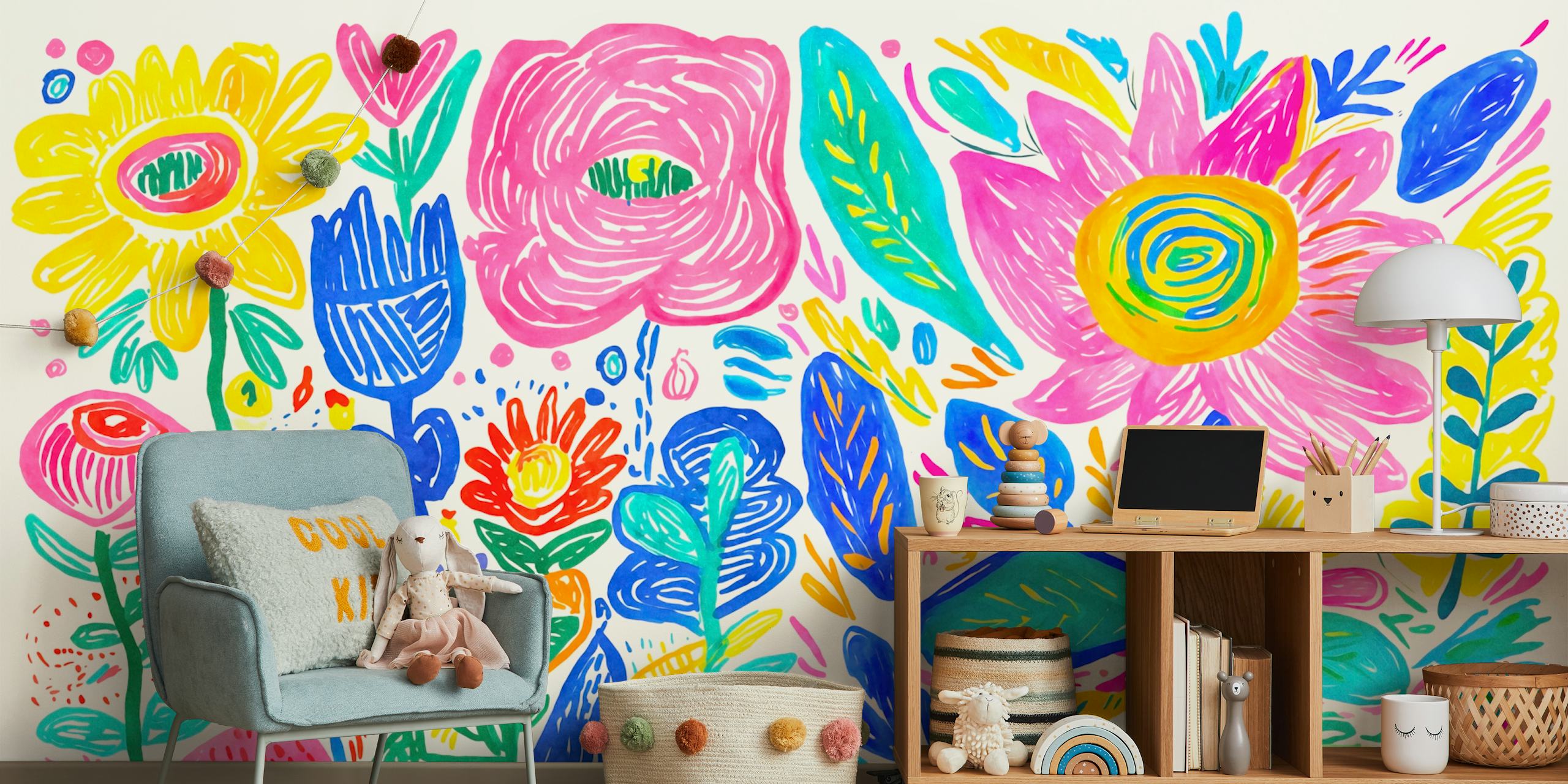 Colorful floral wallpaper in a room