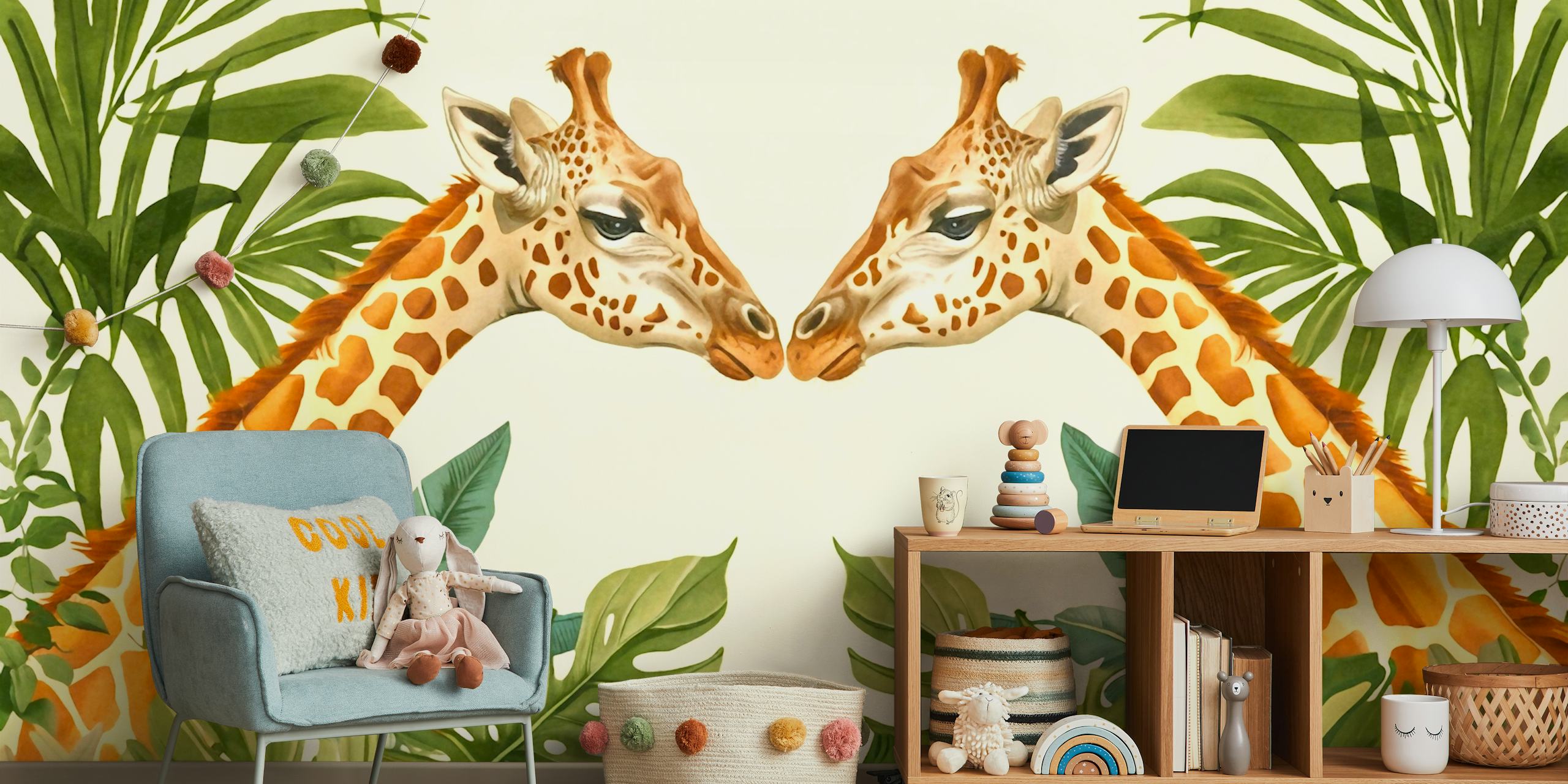 Two giraffes amid tropical green leaves wall mural