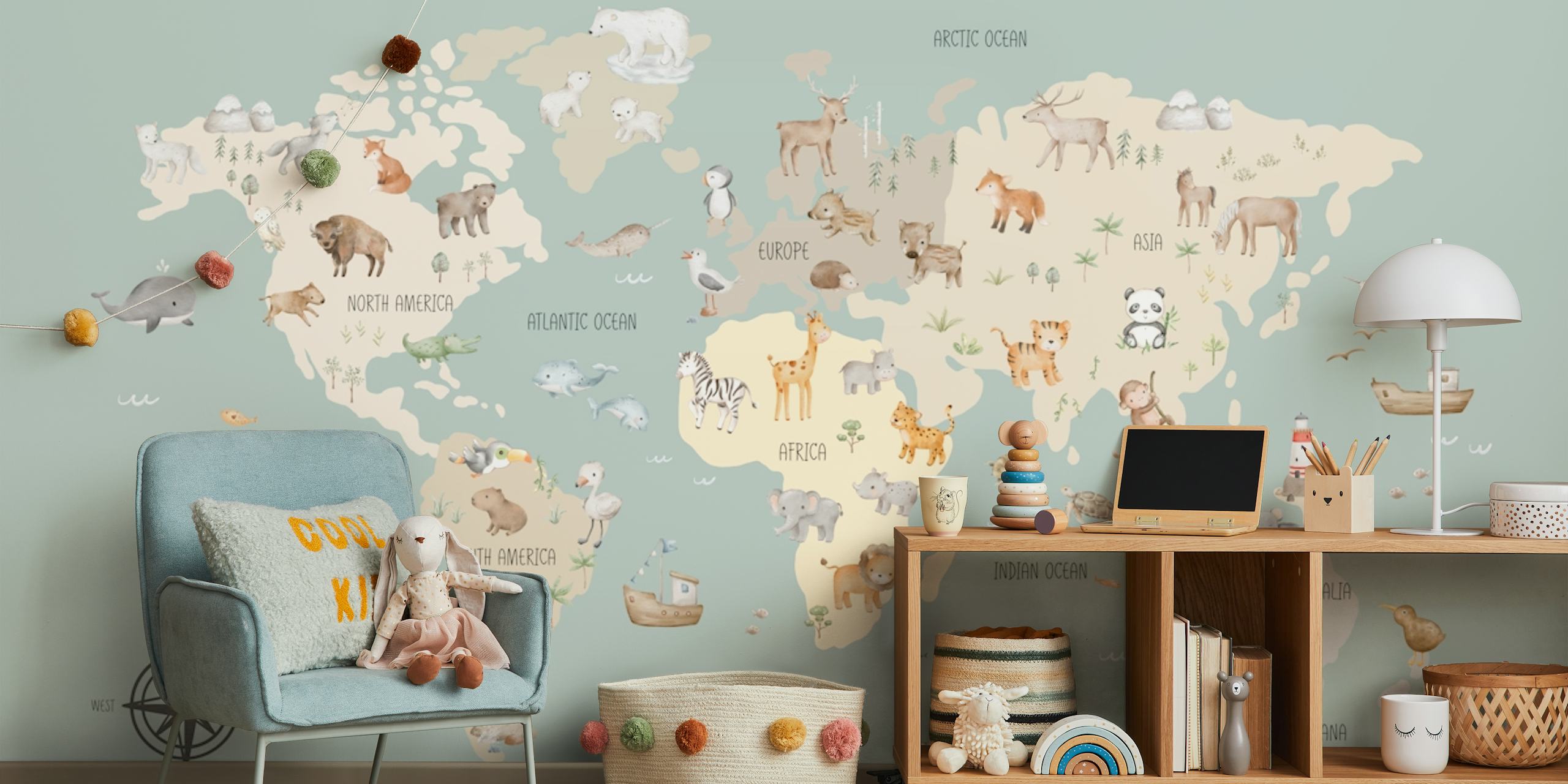 Animal Adventure World Map on Green papier peint