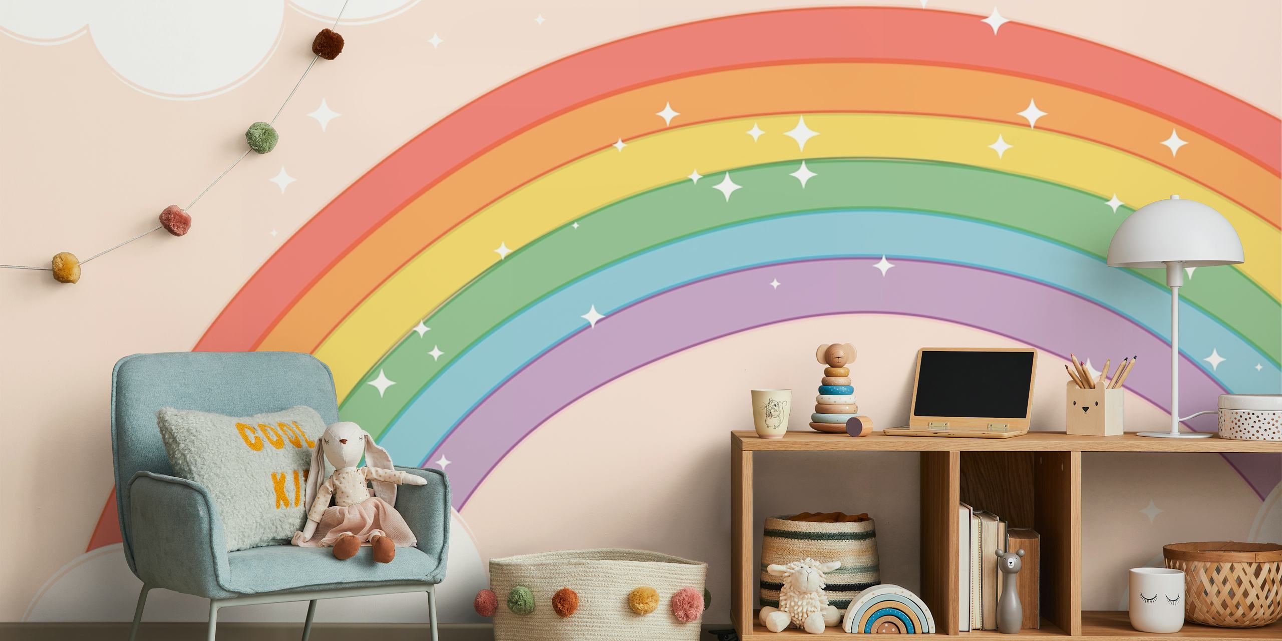 Dreamy rainbow wallpaper in a room
