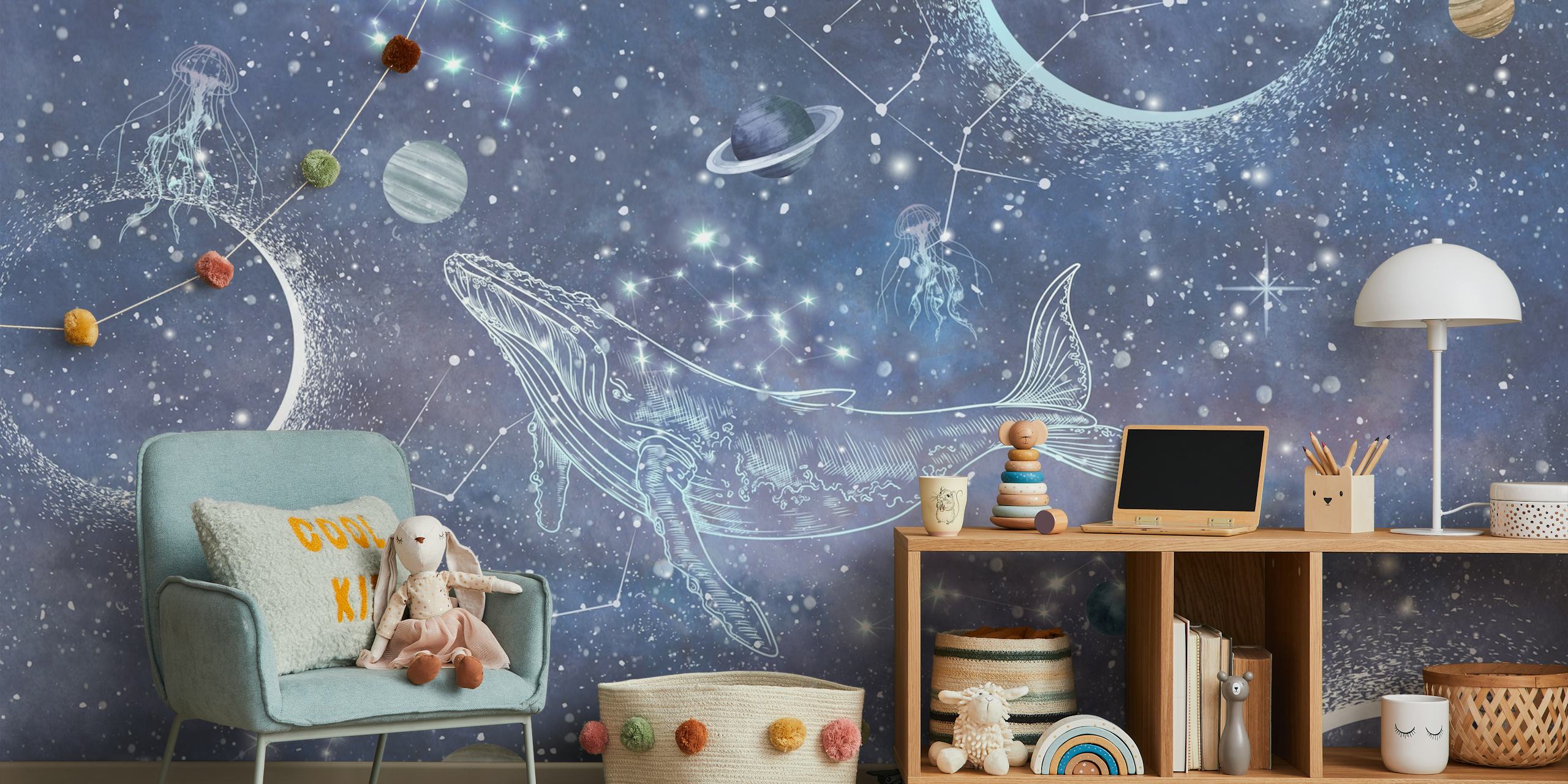 Whale design wallpaper in a room setting