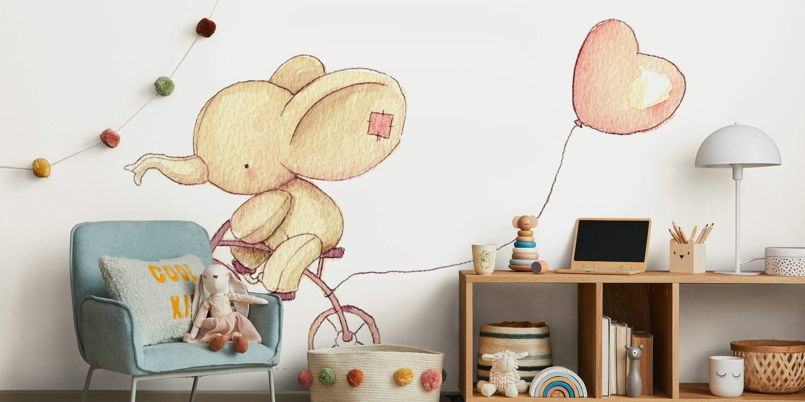 Whimsical elephant on a bike with heart balloon wall mural