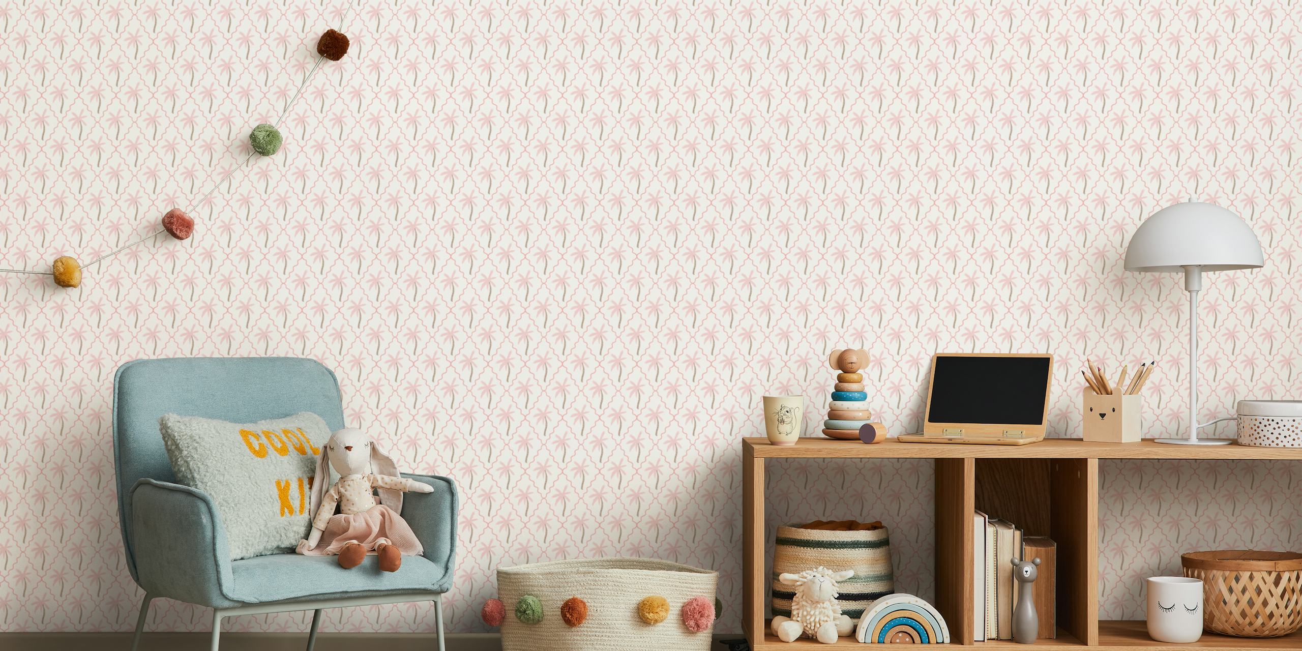 Soft pink scalloped diamonds with palms wallpaper