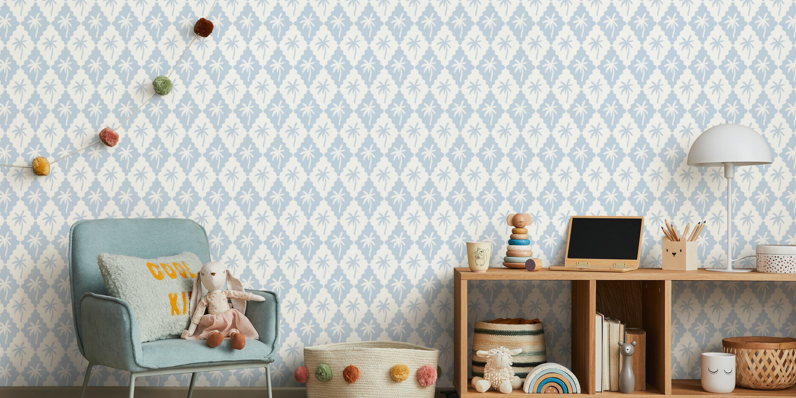 Scalloped diamond pattern with palm motifs in soft blue wallpaper