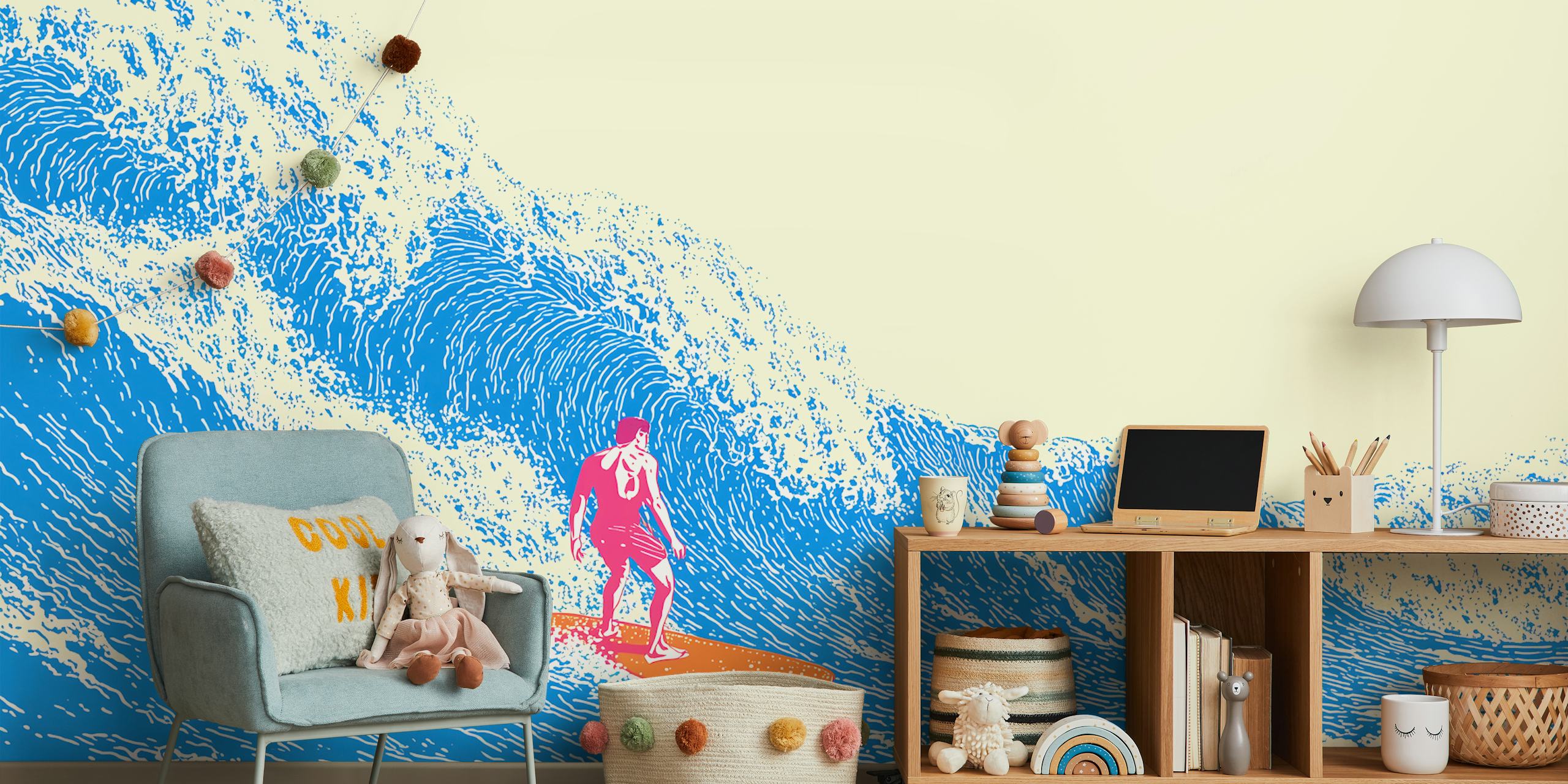 Surfer riding blue ocean waves with orange surfboard wallpaper