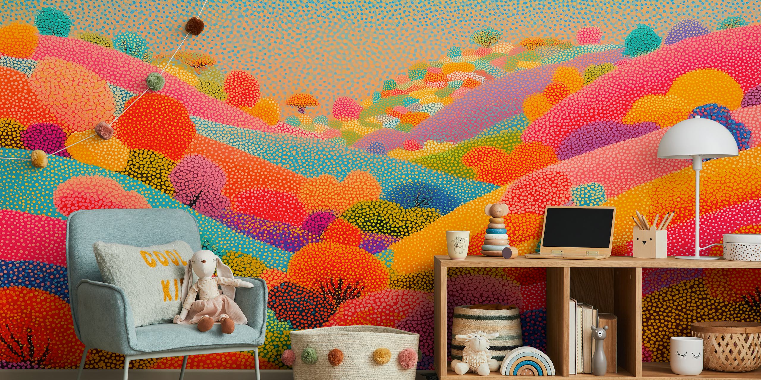 Colorful hills with trees and dots in vibrant colors pointillist wallpaper
