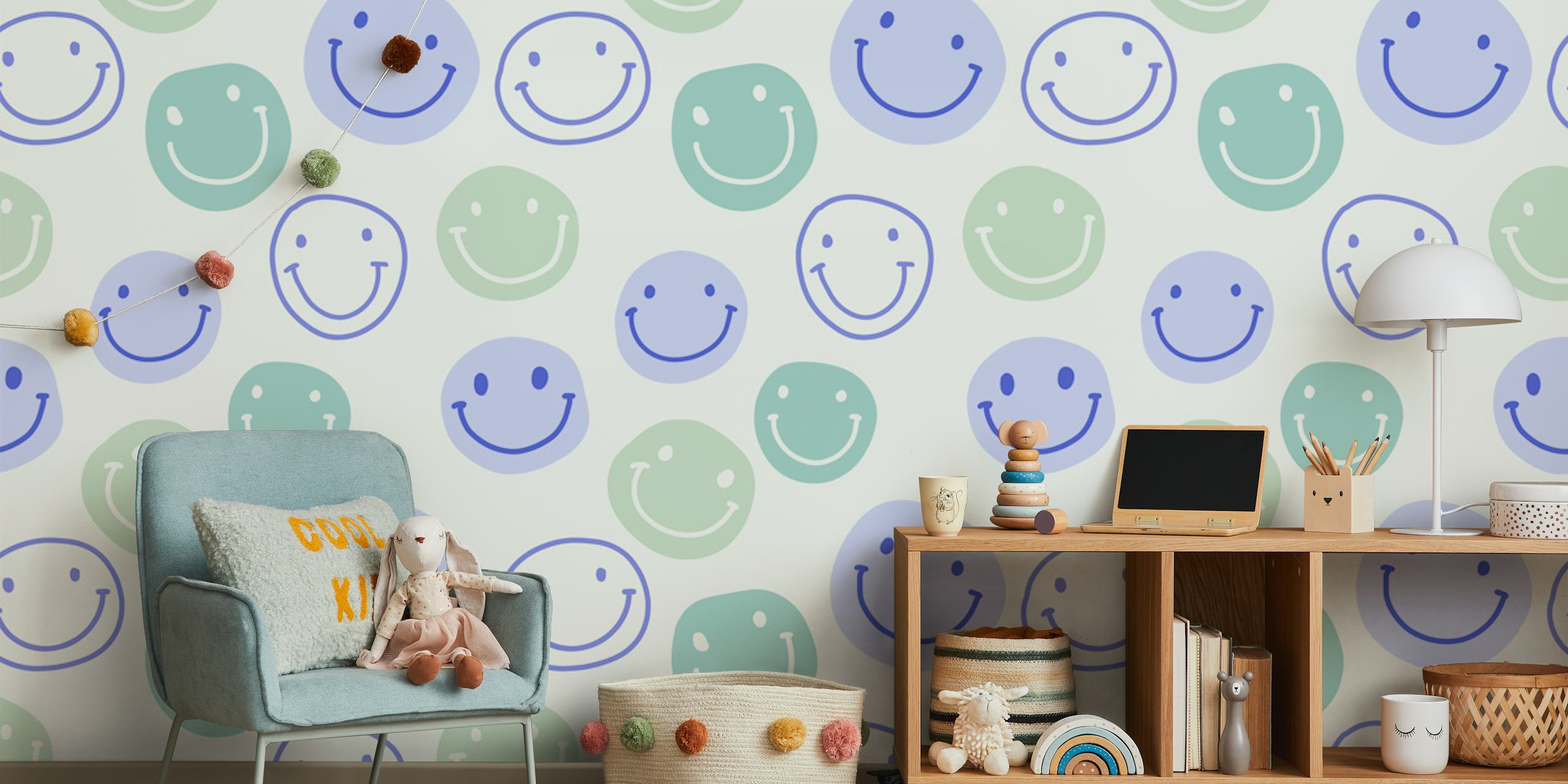 Groovy happy blue tapetdesign i ett rum