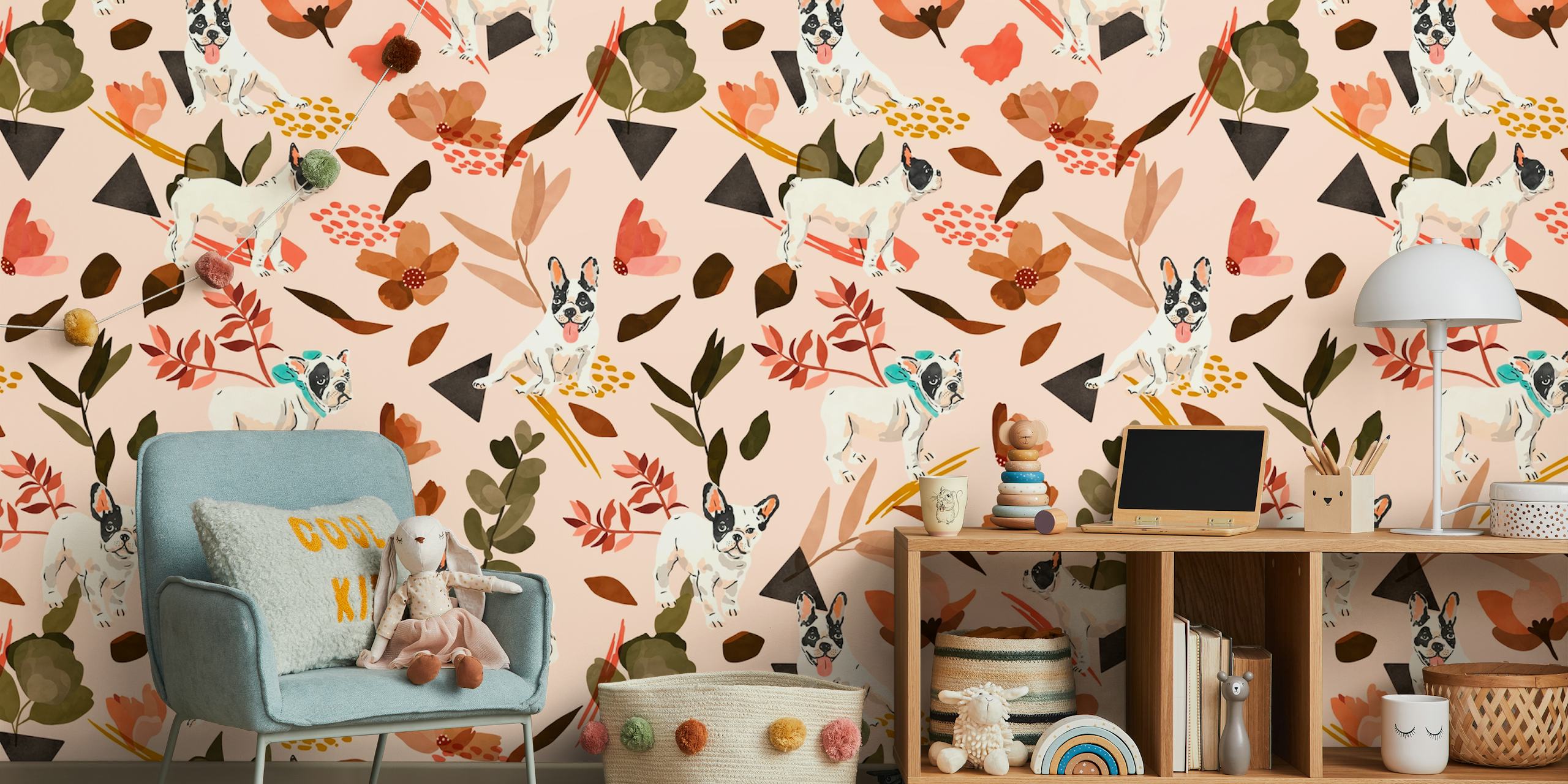 Diseño de papel tapiz French bulldog en una habitación