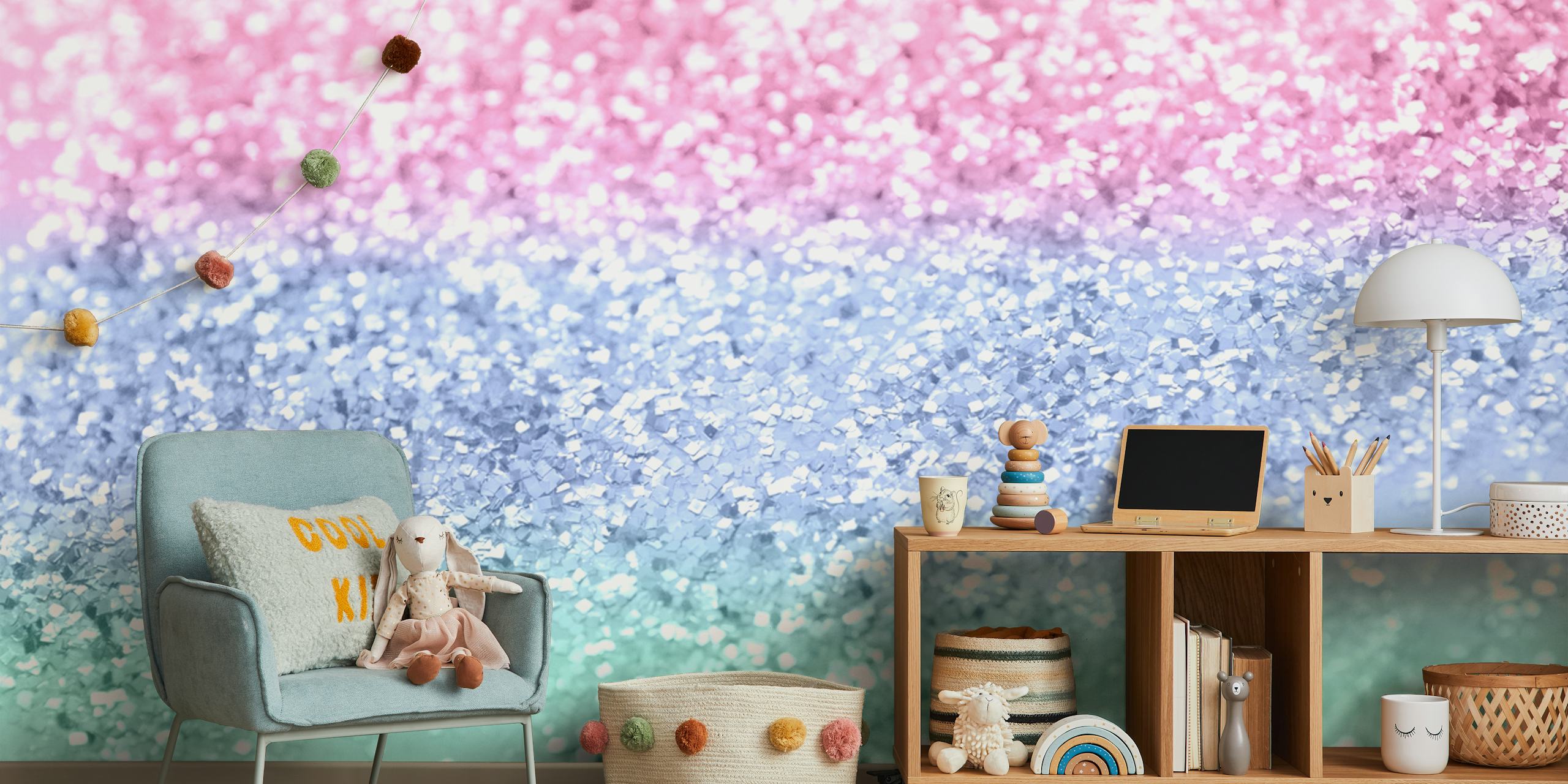 Ombre glitter wallpaper in pastel pink, purple, and green colors