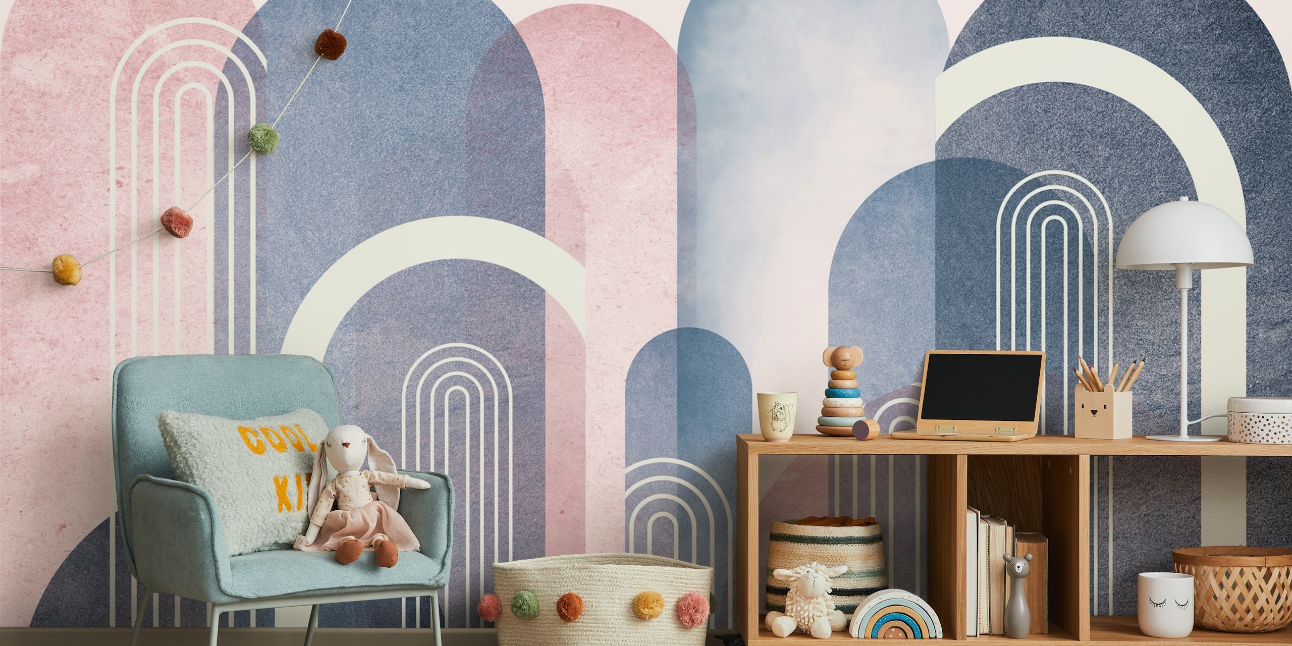 Pink and blue abstract curved shapes with lines wallpaper