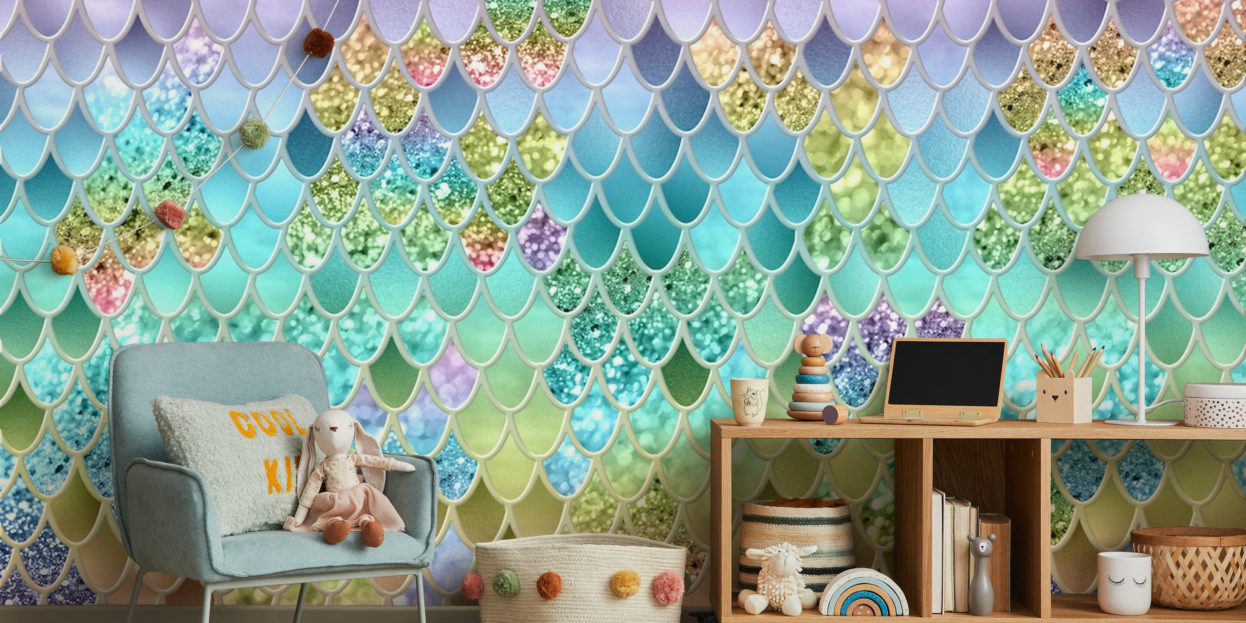 Glitter mermaid schubben in pastelkleuren op een wandbehang