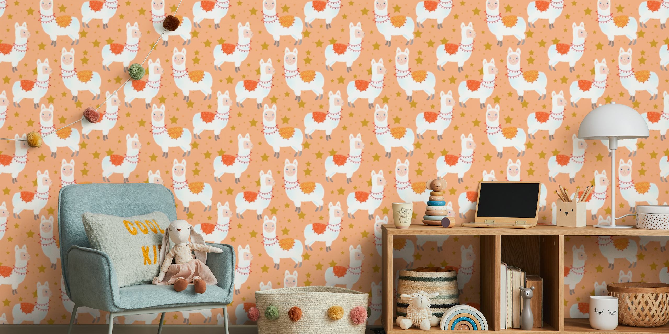 Colorful happy llamas wallpaper in a room