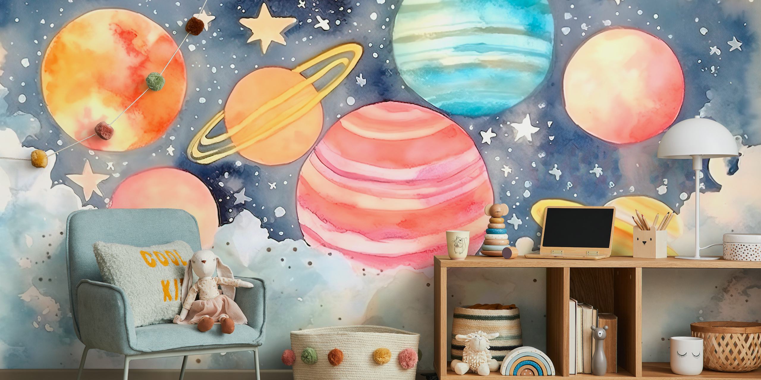 Colorful watercolor planets and stars on a night sky wallpaper