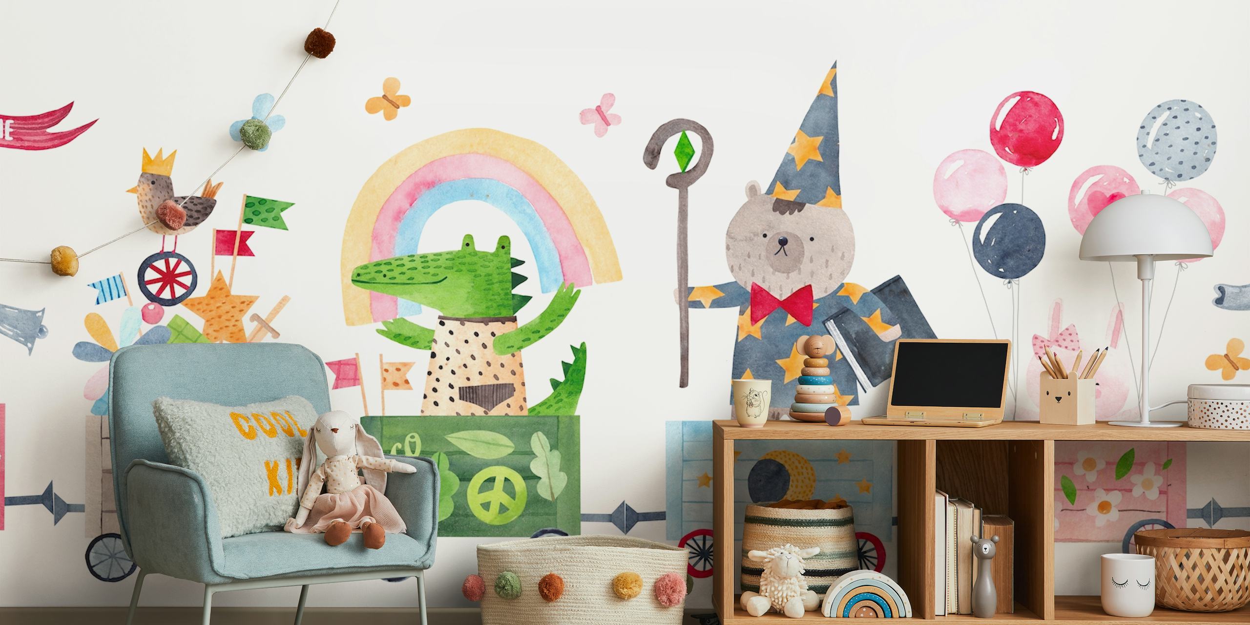 Colorato e giocoso murale Happy Train con animali e motivi stravaganti