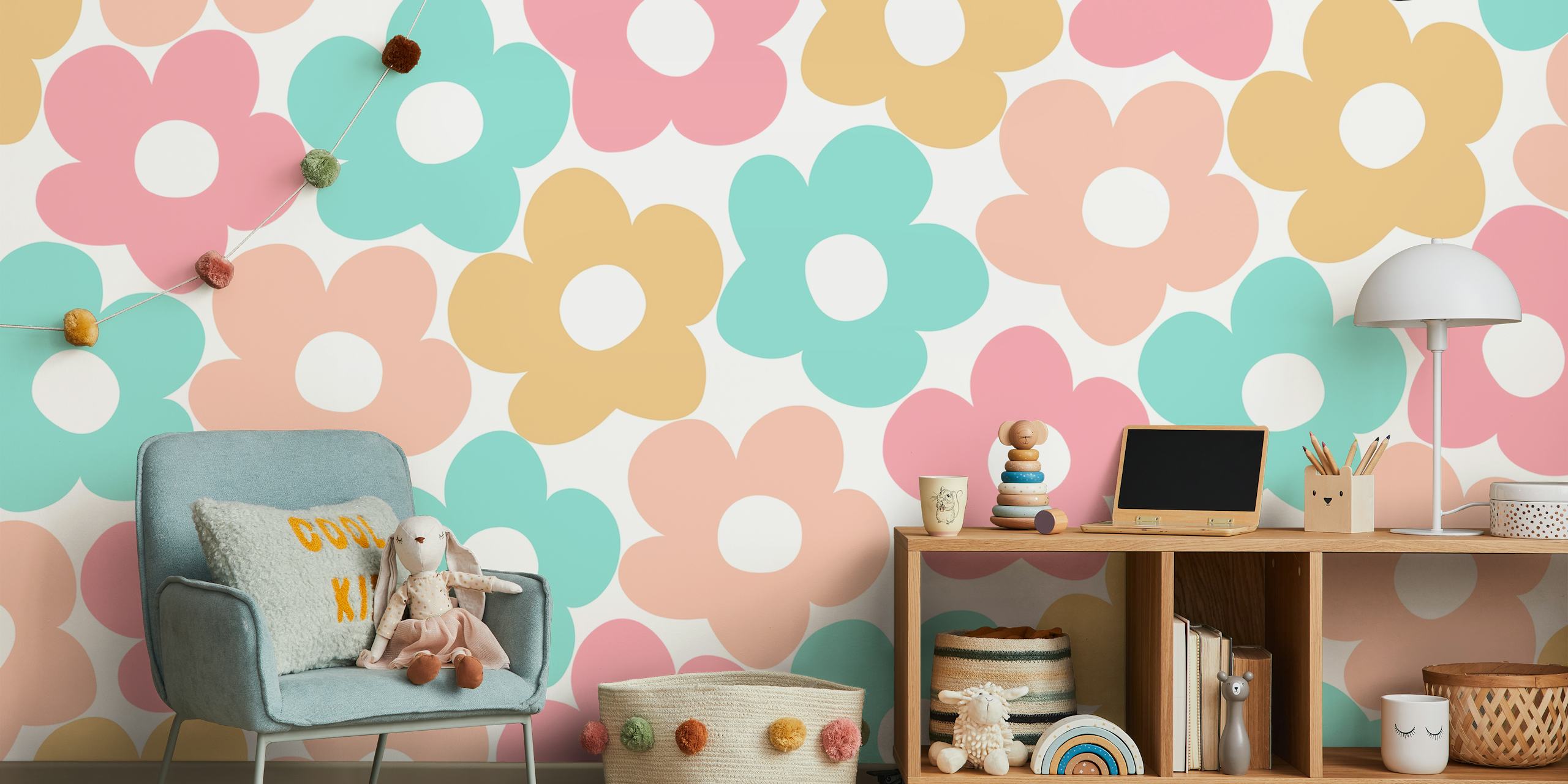 Colorful floral pattern in pastel pink, blue, and yellow wallpaper