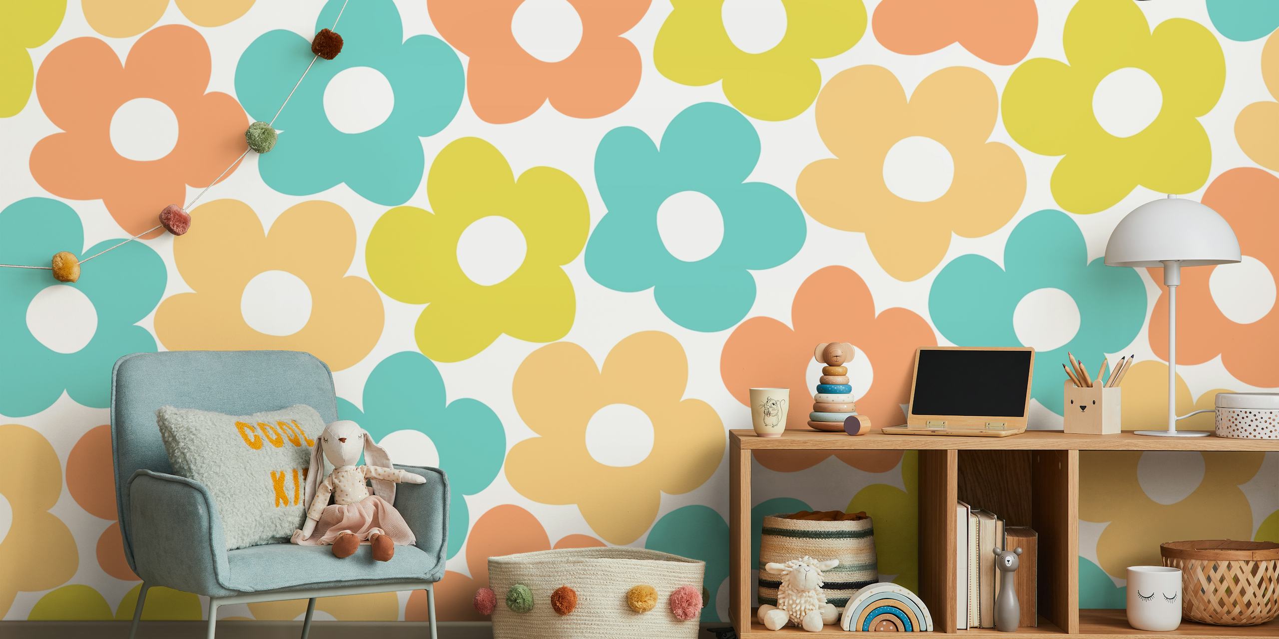 Colorful retro floral wallpaper with pastel flowers in blue, pink, yellow, and peach.