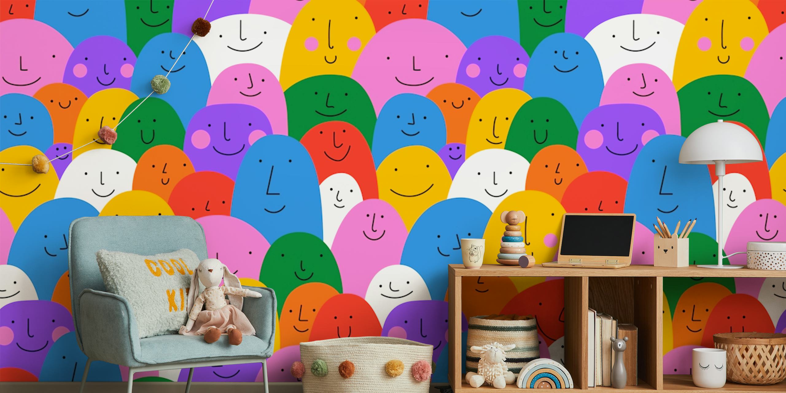 Colorful smiling faces pattern in various shades wallpaper