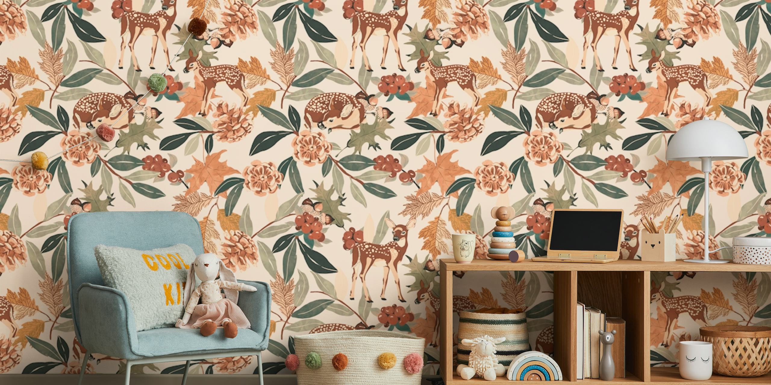 Deer in autumn floral wallpaper design