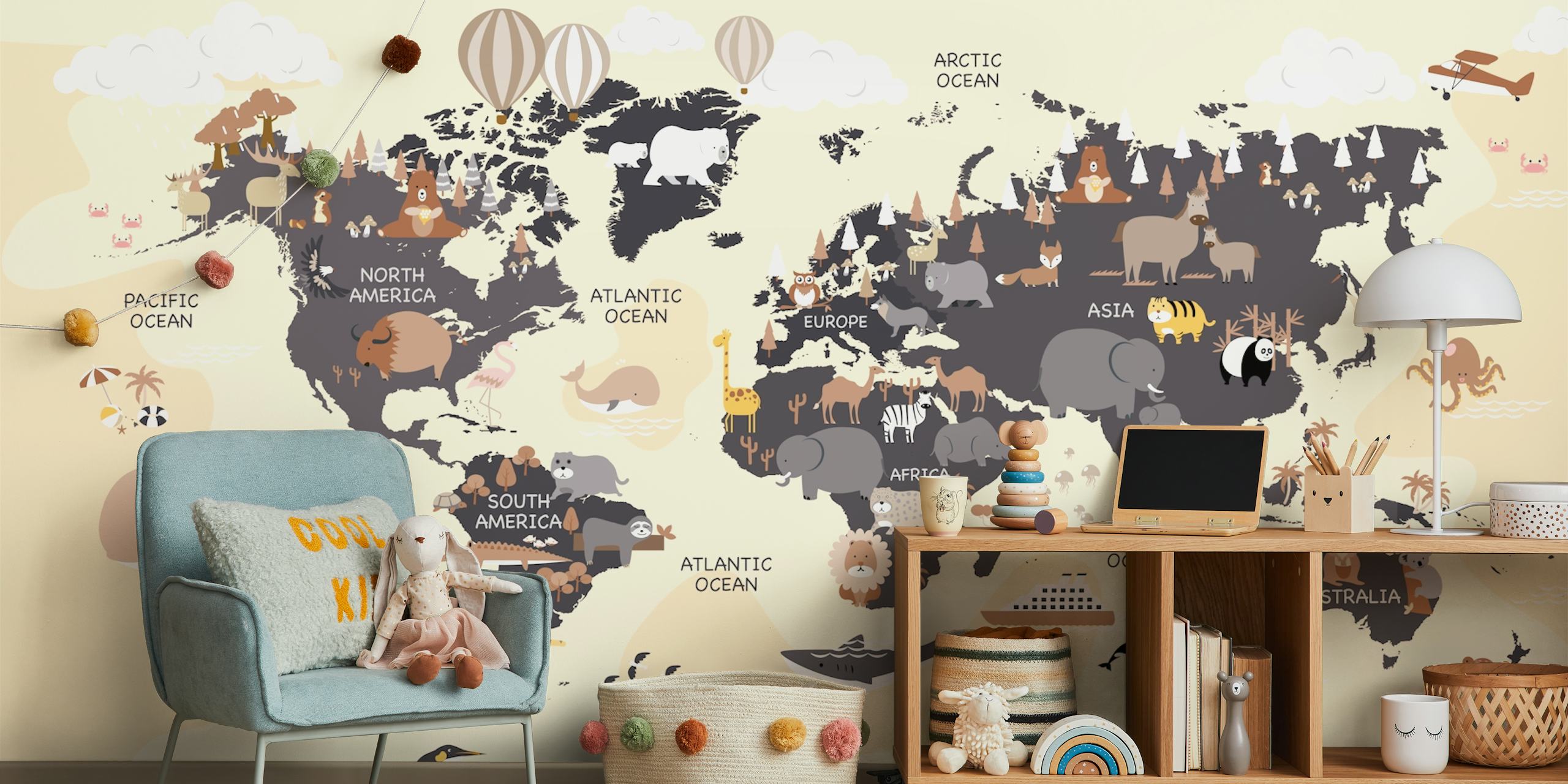 Colorful world map featuring animals and landmarks. Playroom wallpaper.