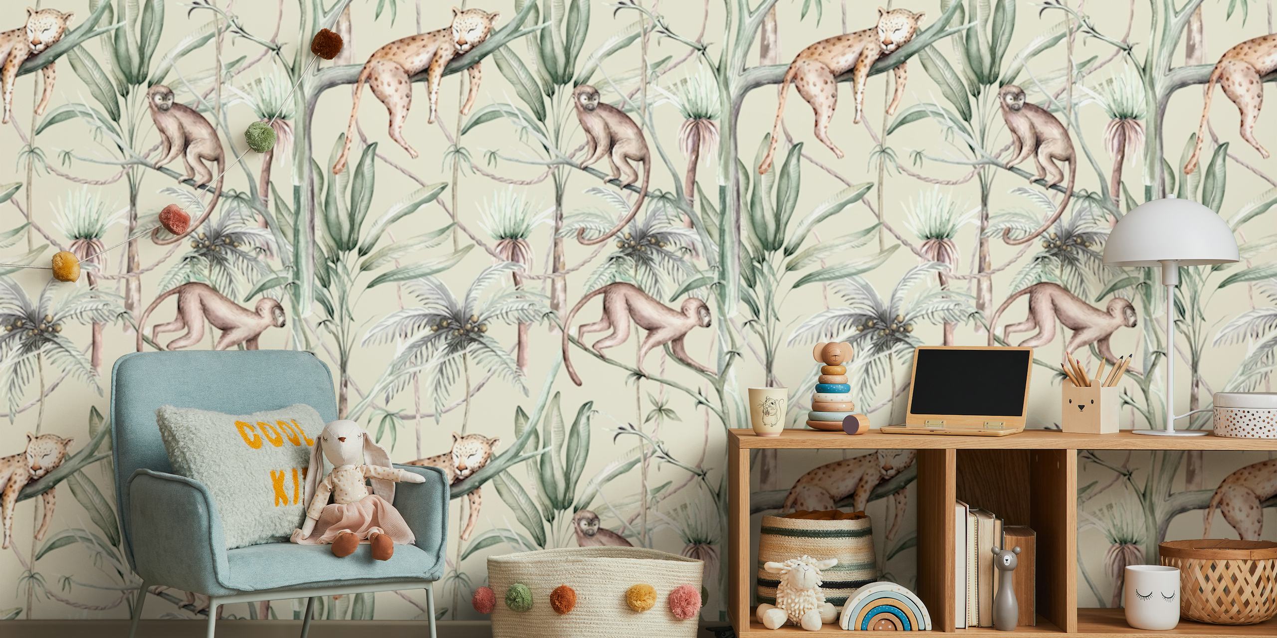 Exotic jungle wallpaper featuring monkeys and leopards