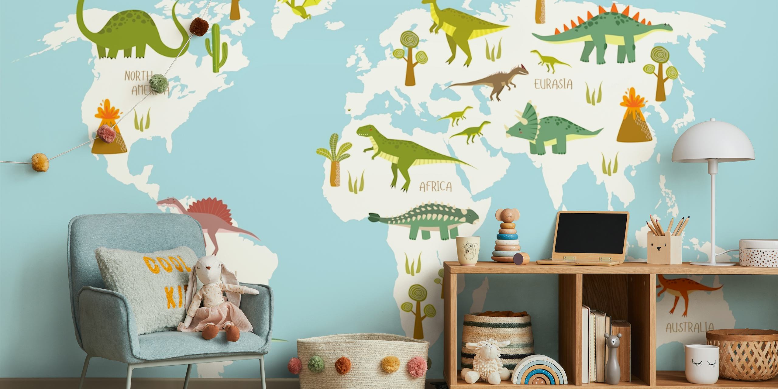 Dinosaur map carta da parati in una stanza per bambini