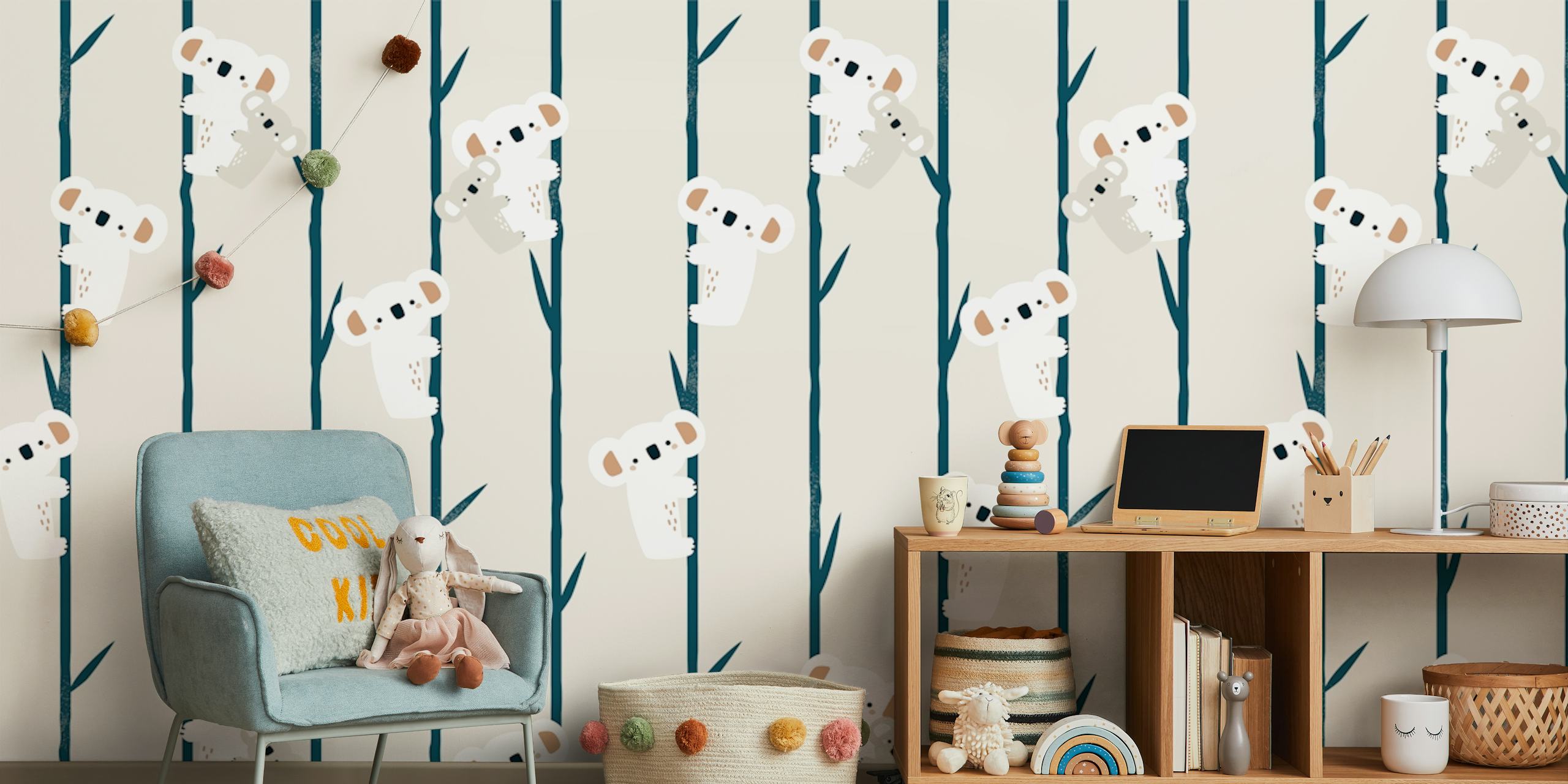 Cute koalas climbing on bamboo branches in gray and white wallpaper