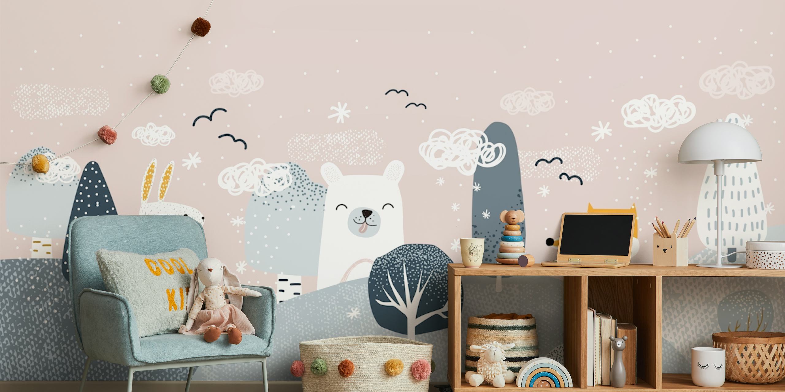 Winter forest animals wallpaper in a room