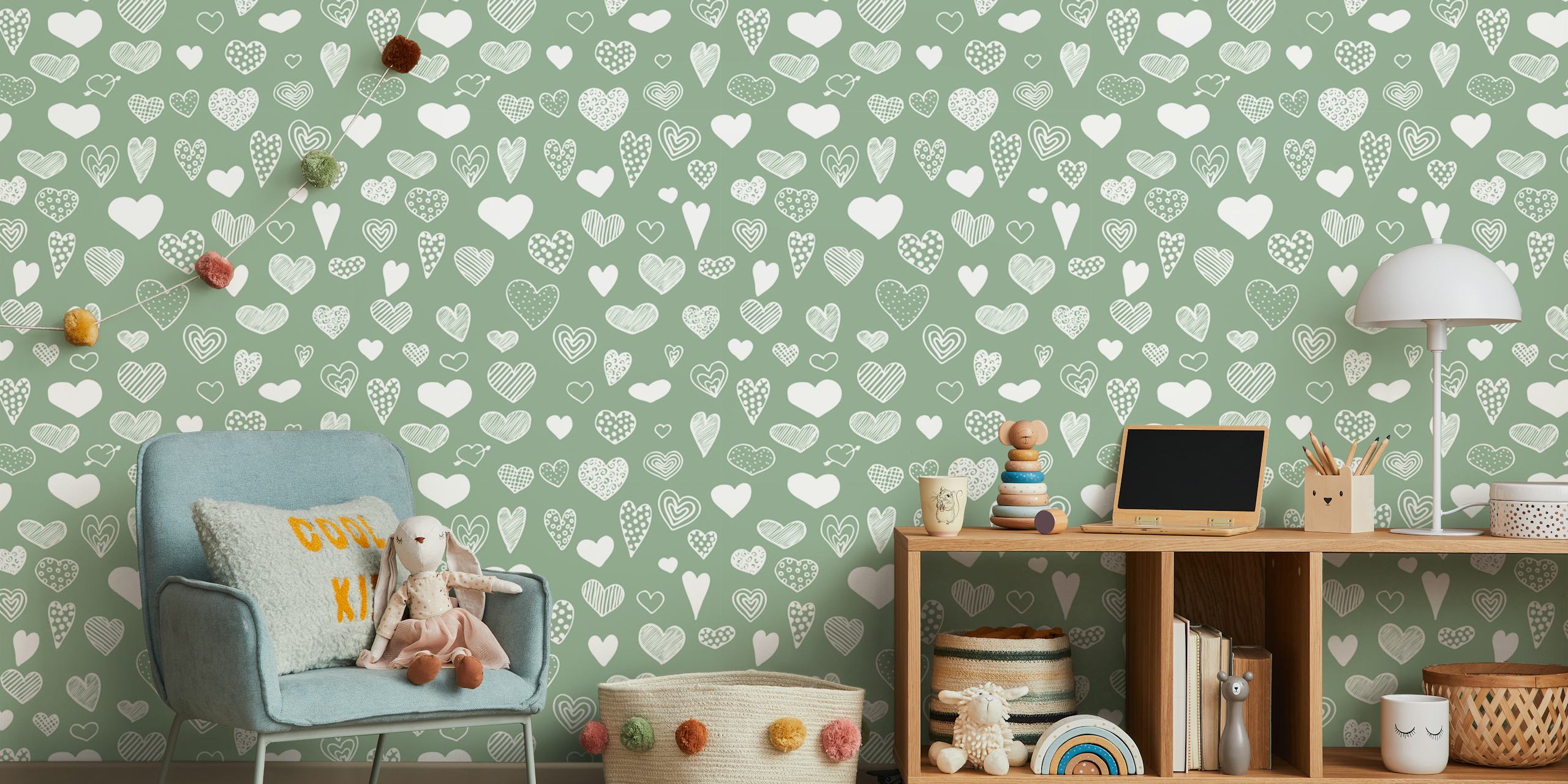 Heart Doodles in Sage Green tapetdesign