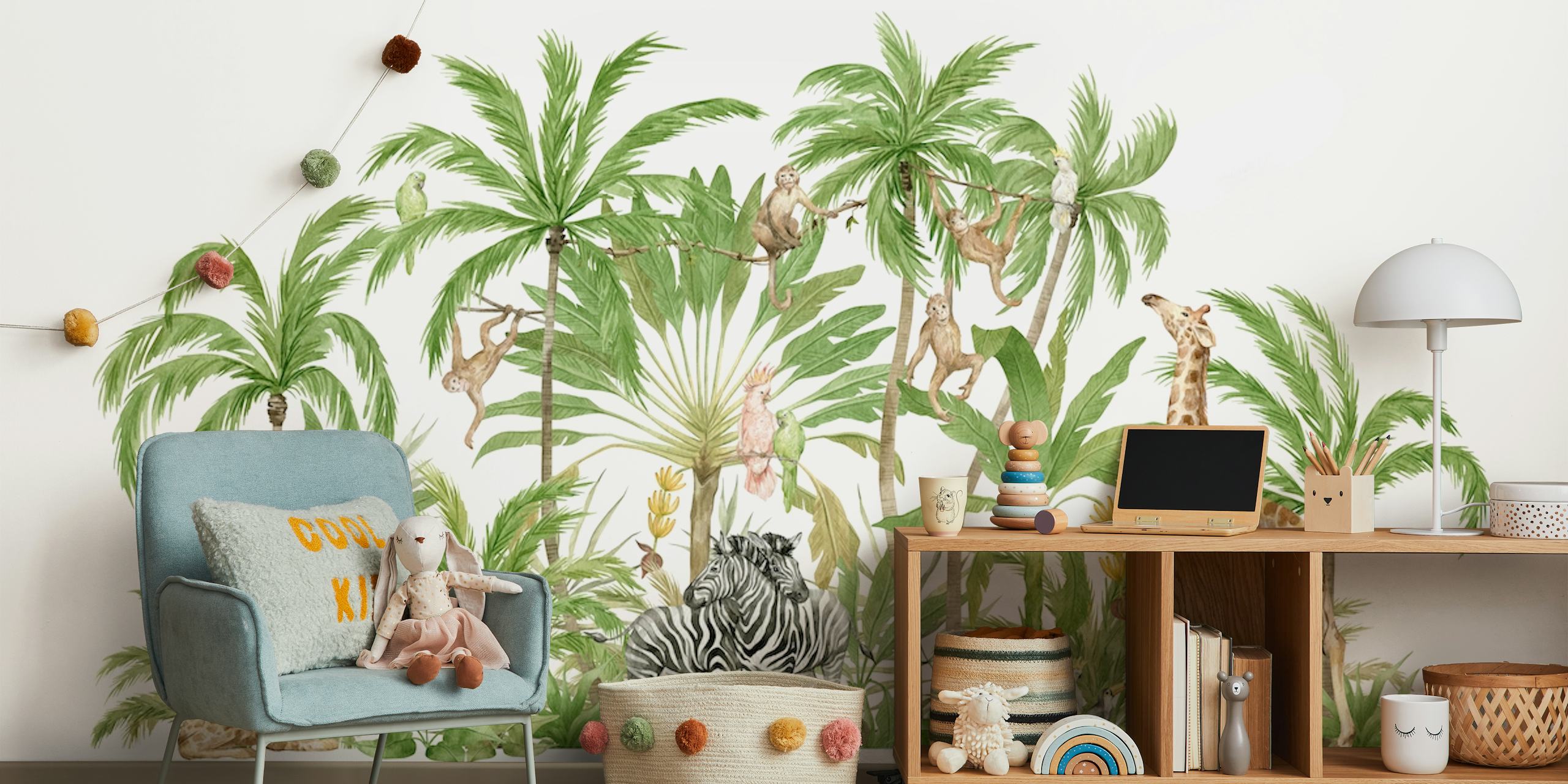 Tropical jungle scene with giraffes, monkeys, and zebras in green wallpaper