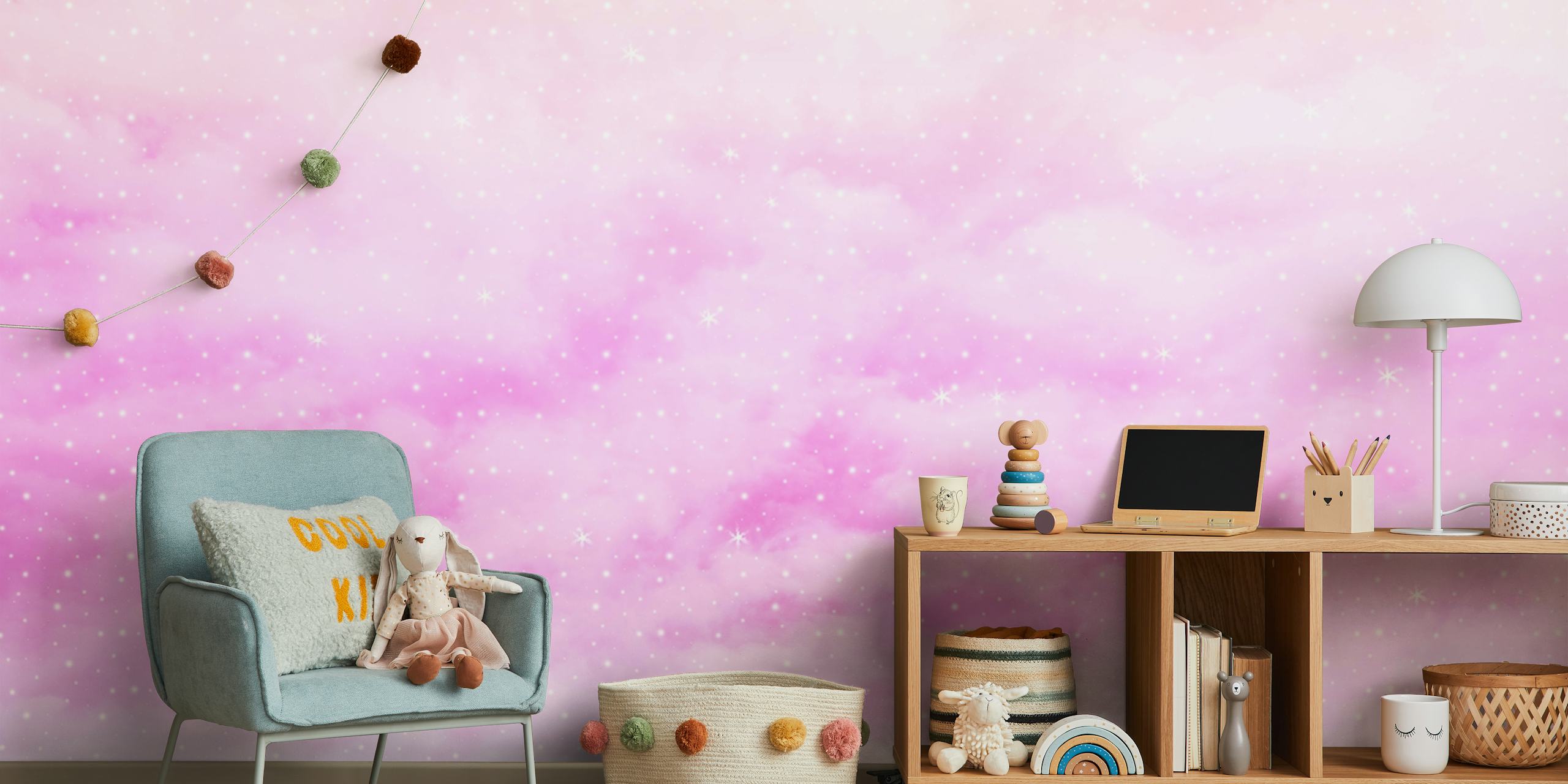 Pastel clouds in shades of pink and purple with starry texture wallpaper