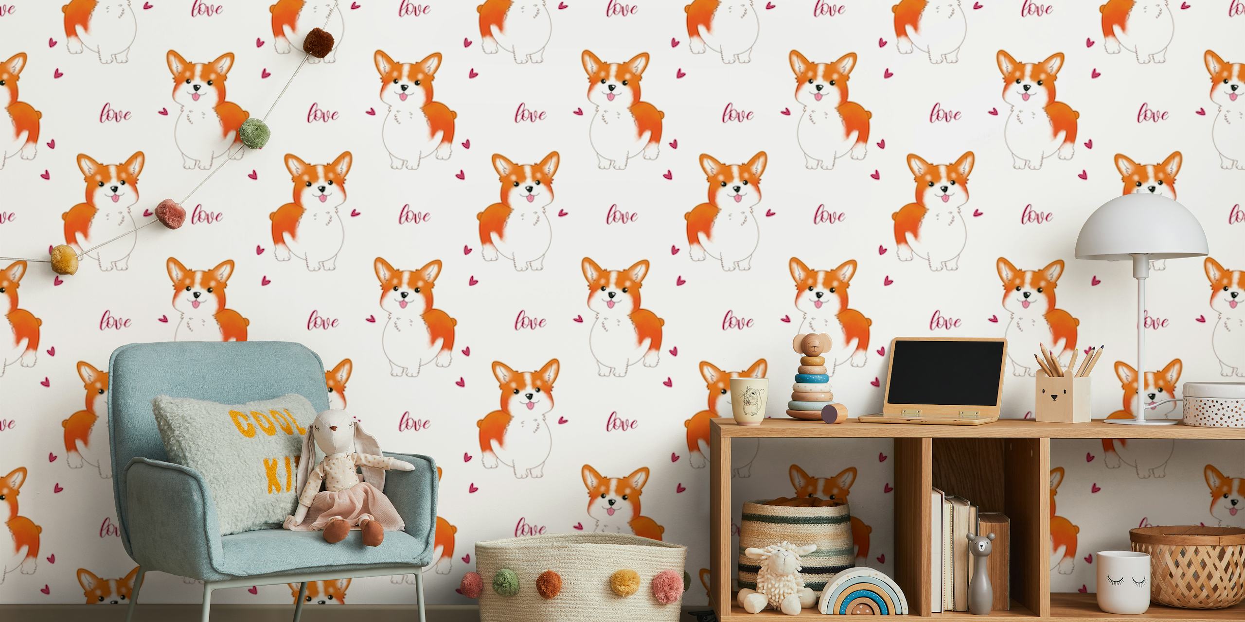 Cute corgi characters and hearts on white background wallpaper