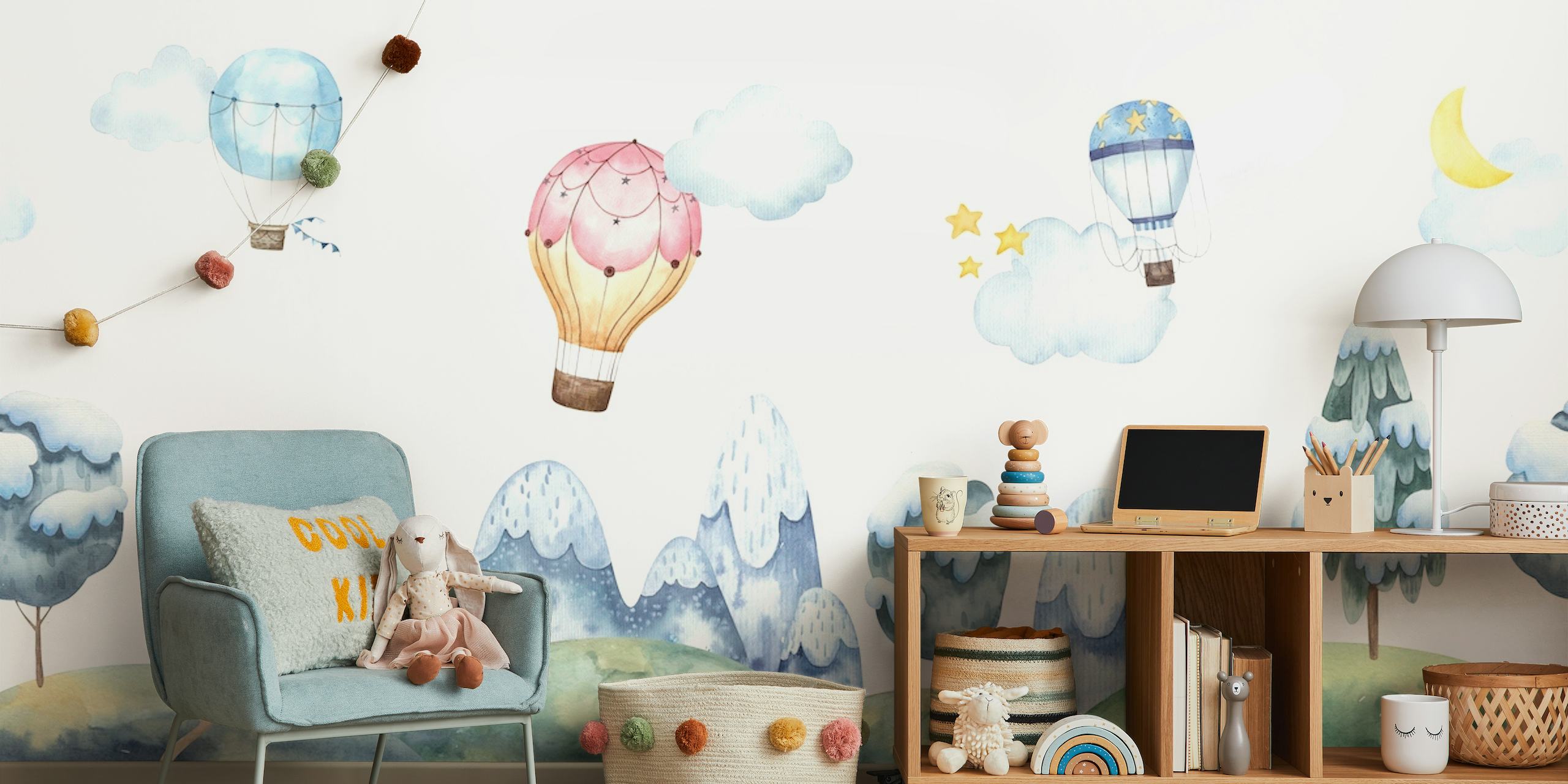 Whimsical air balloons floating above gentle hills and trees wall mural