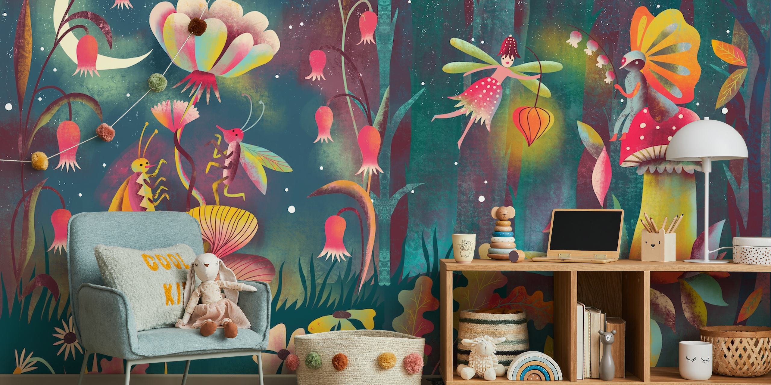 Little magical midnight forest wallpaper in a room