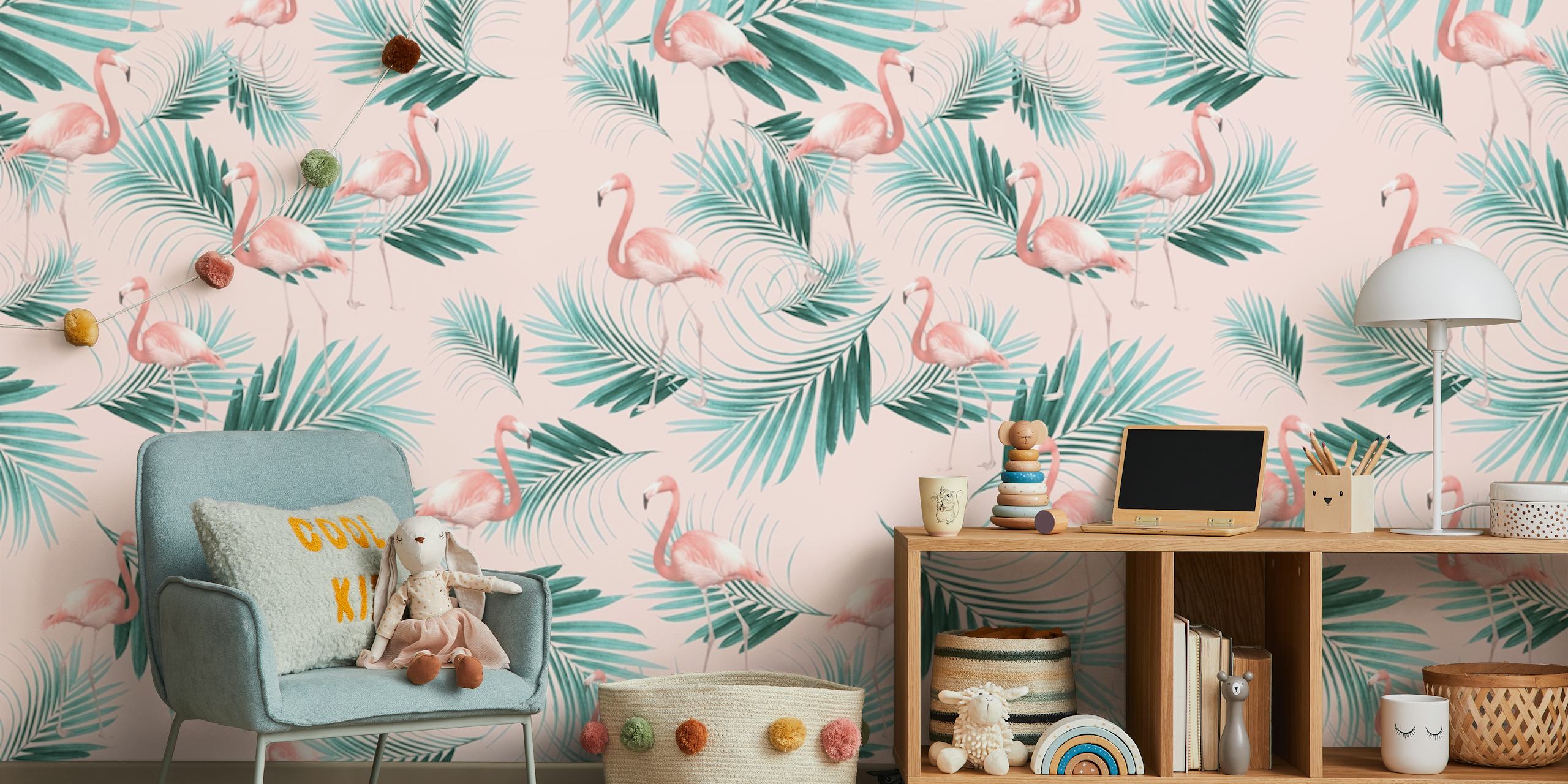 Tropical palm leaves and pink flamingos on a blush wallpaper