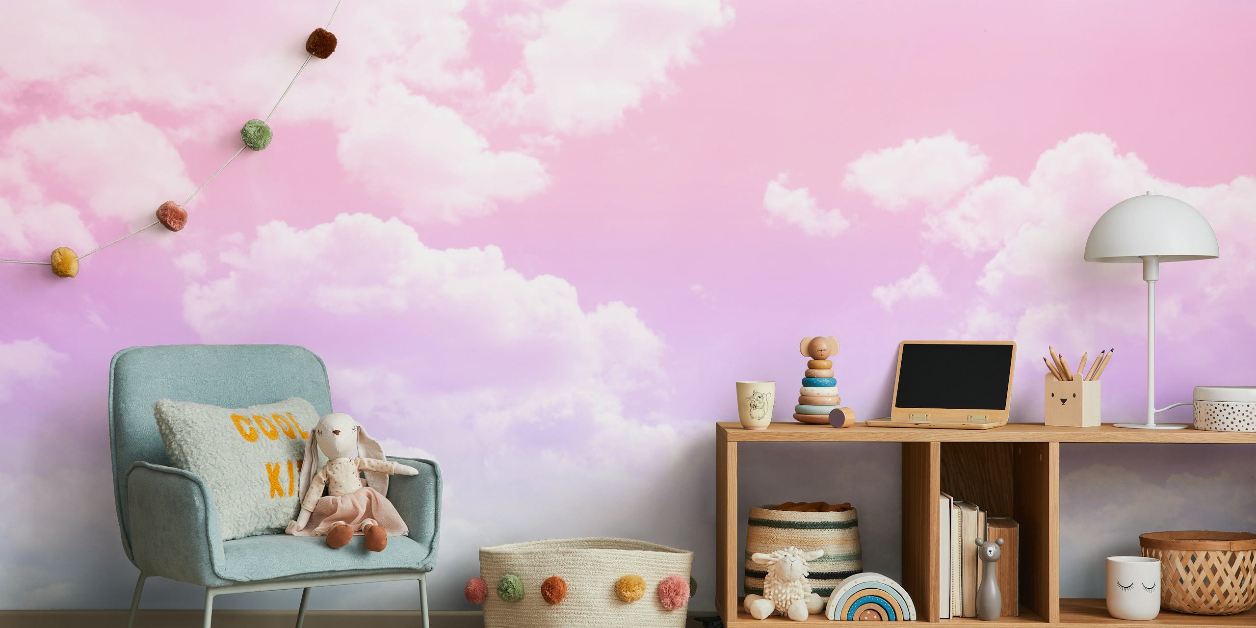 Mural de pared de nubes en colores pastel con tonos rosa, lila y azul que representan Dreamy Clouds 4 - Unicorn Colors.